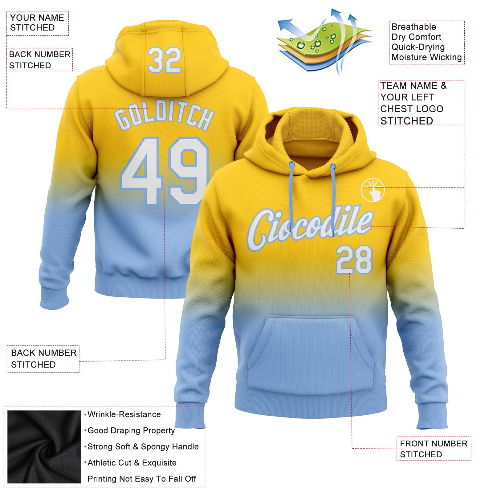 Custom Yellow White-Light Blue Fade Fashion Sports Pullover Sweatshirt Hoodie