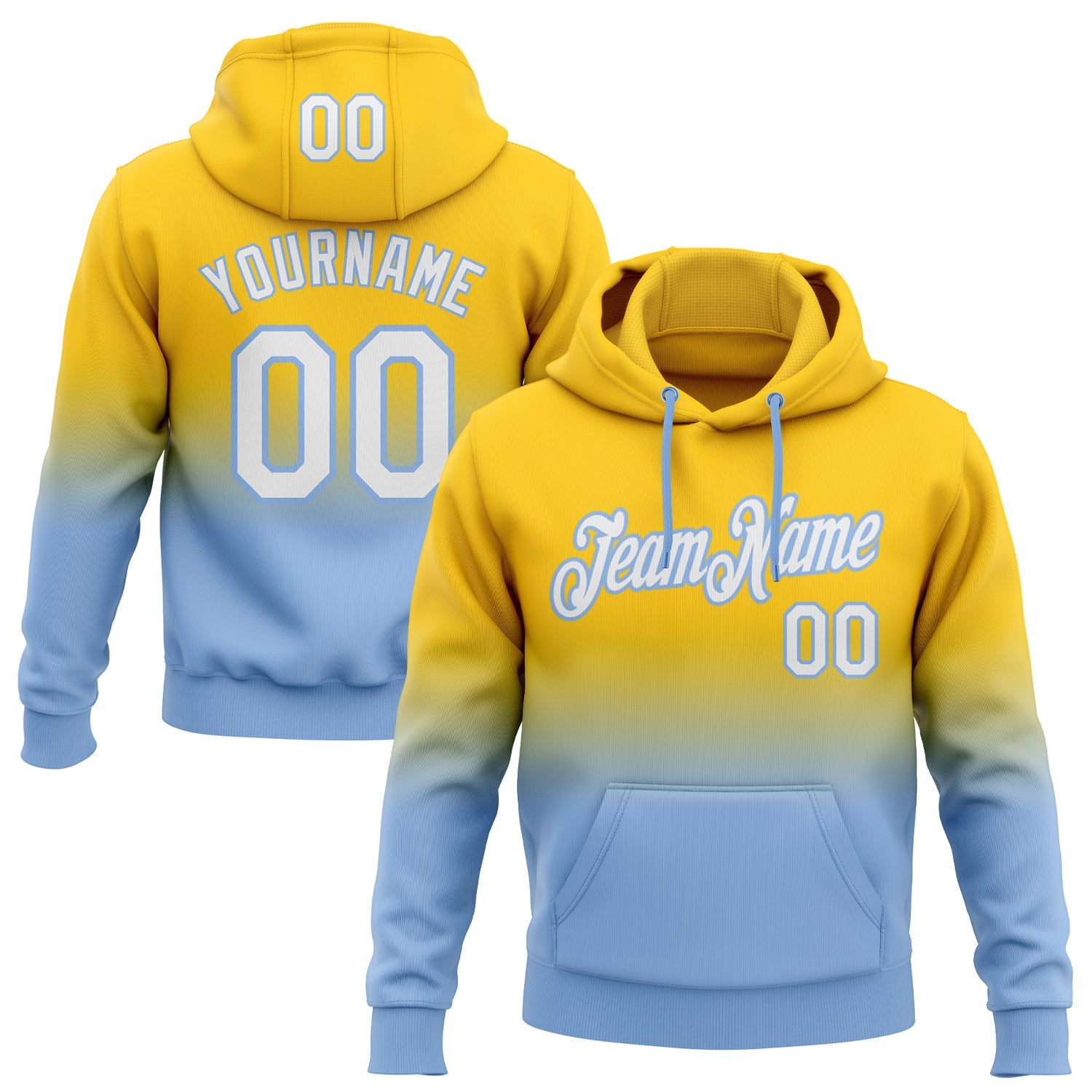 Custom Yellow White-Light Blue Fade Fashion Sports Pullover Sweatshirt Hoodie