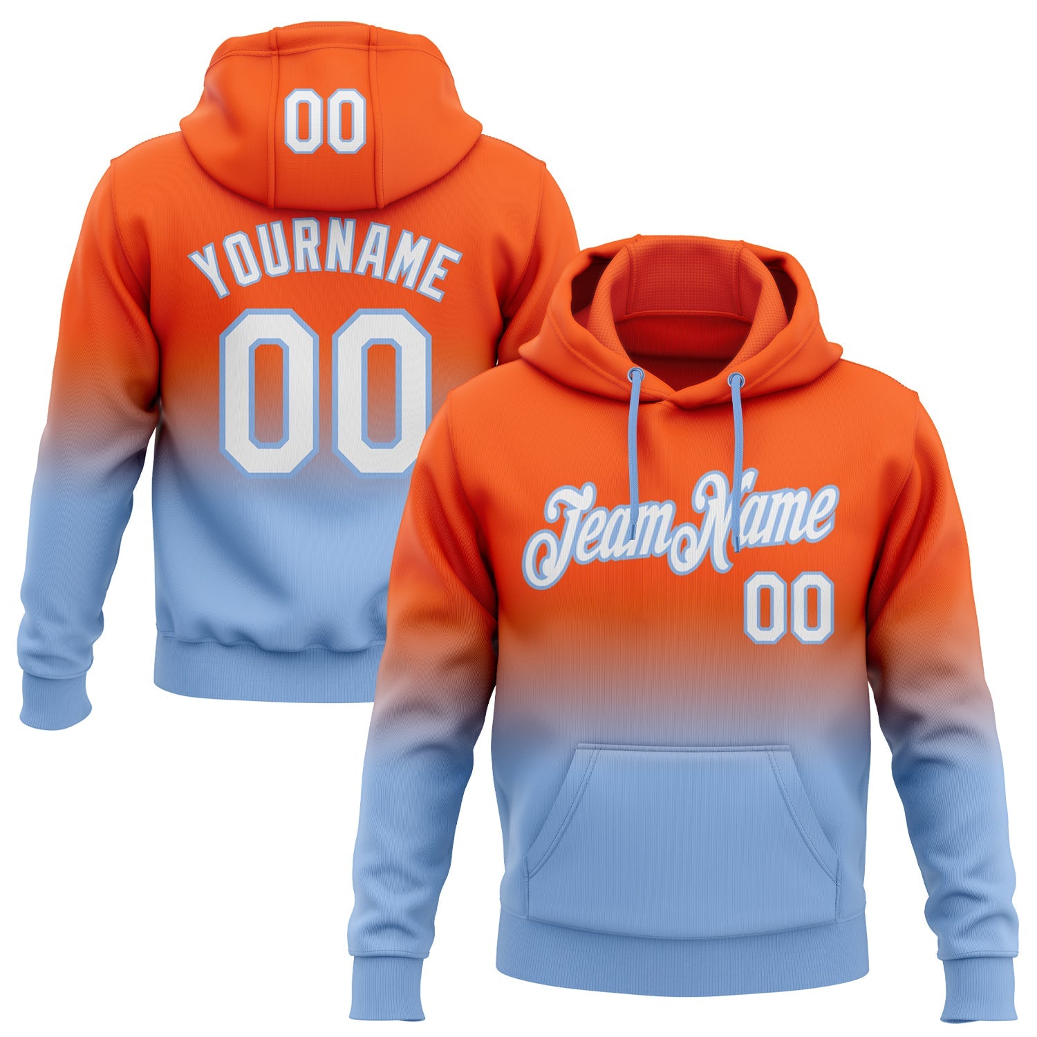 Custom Orange White-Light Blue Fade Fashion Sports Pullover Sweatshirt Hoodie