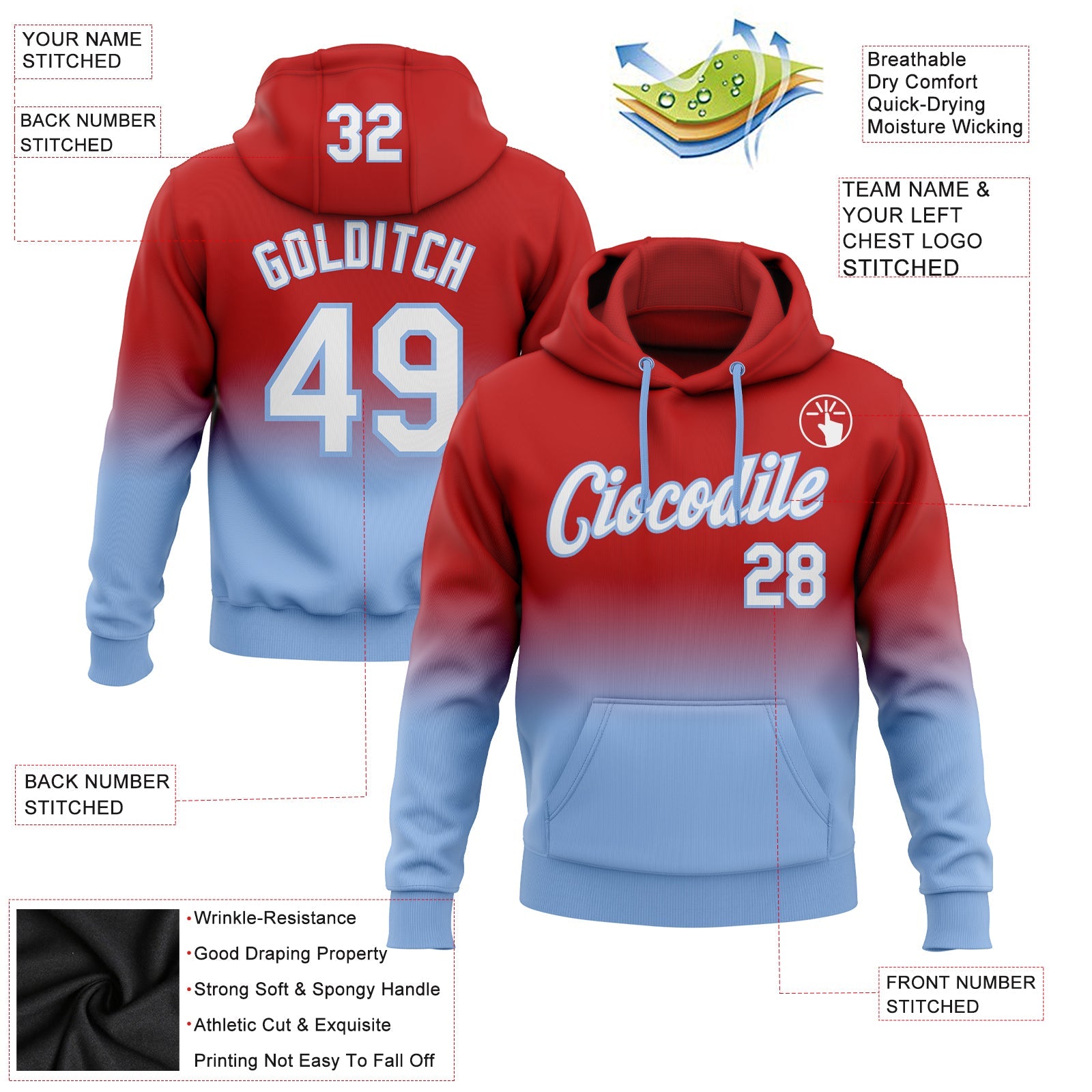 Custom Red White-Light Blue Fade Fashion Sports Pullover Sweatshirt Hoodie