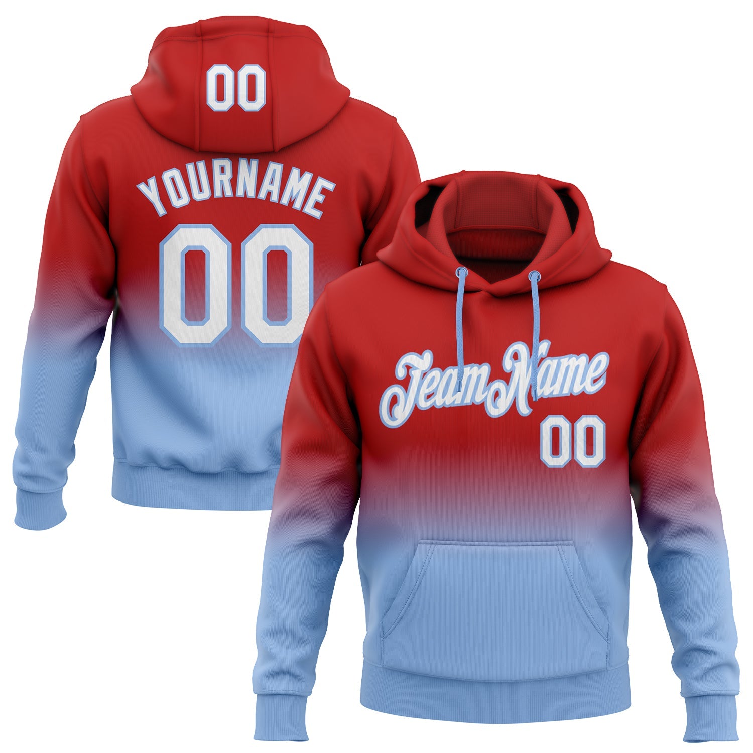 Custom Red White-Light Blue Fade Fashion Sports Pullover Sweatshirt Hoodie