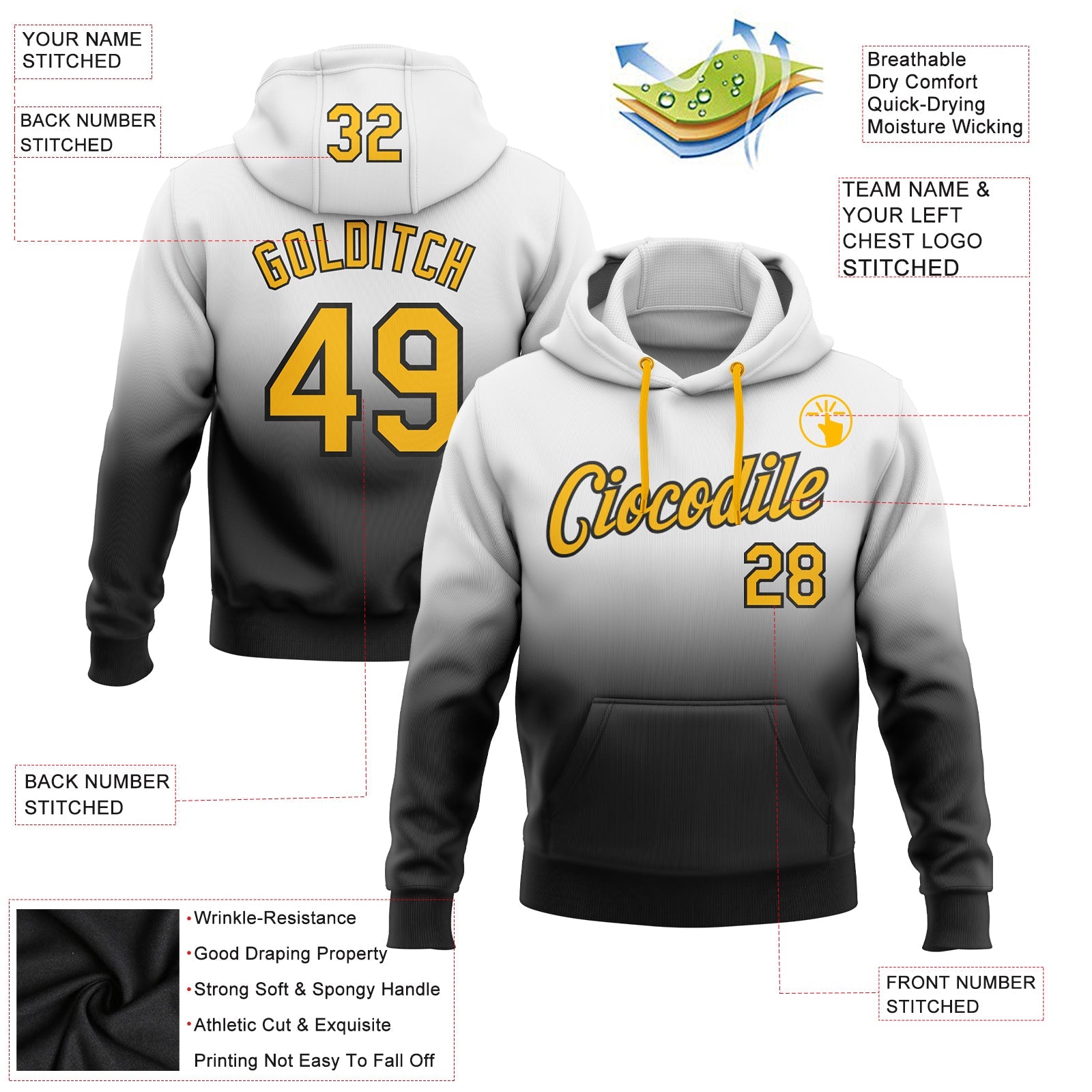 Custom White Gold-Black Fade Fashion Sports Pullover Sweatshirt Hoodie