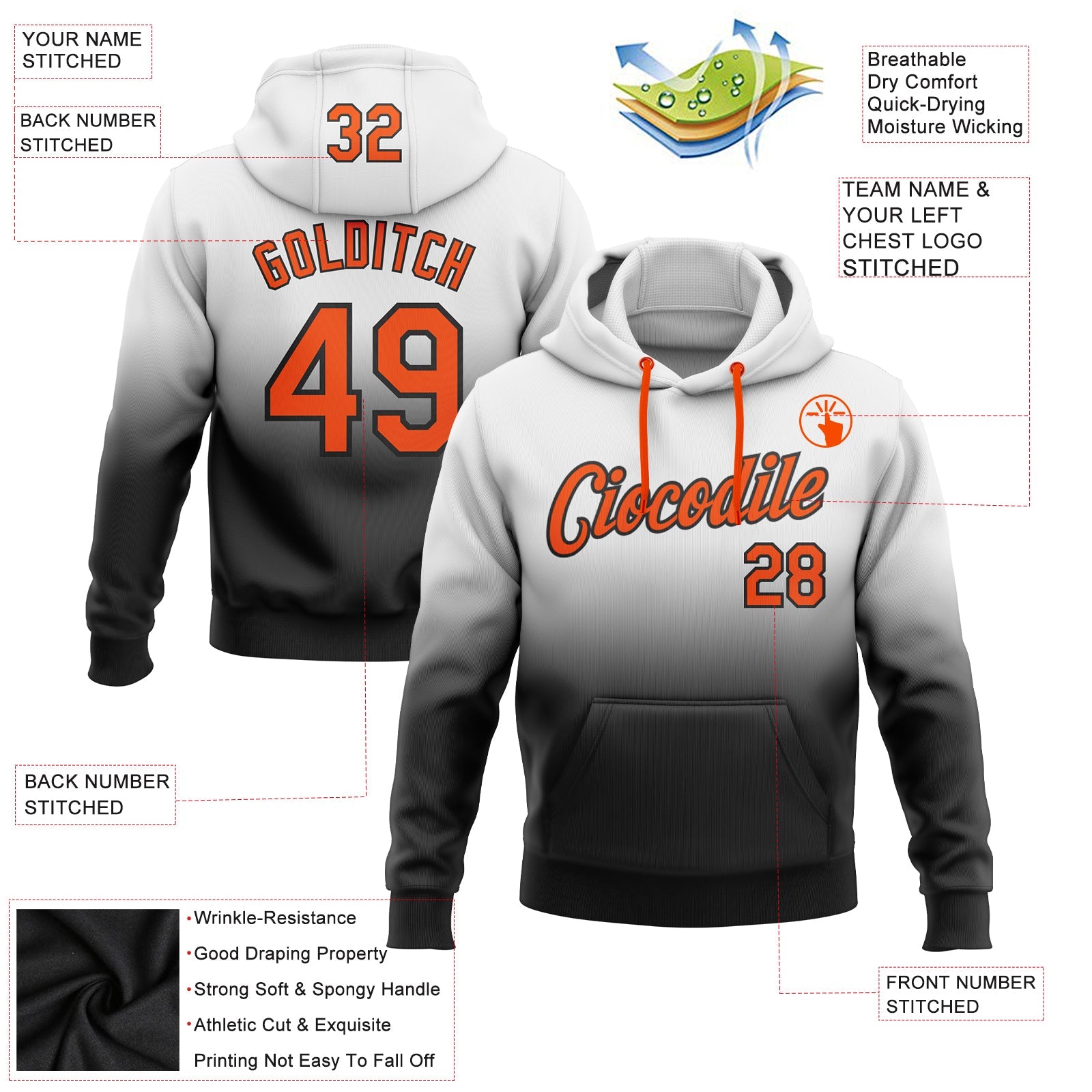 Custom White Orange-Black Fade Fashion Sports Pullover Sweatshirt Hoodie