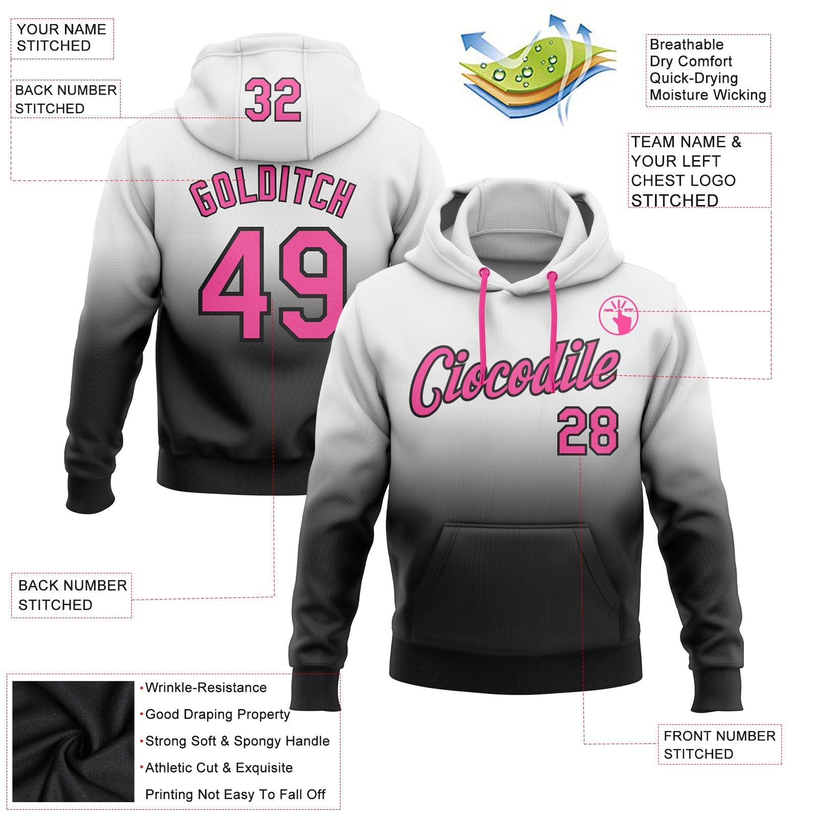 Custom White Pink-Black Fade Fashion Sports Pullover Sweatshirt Hoodie