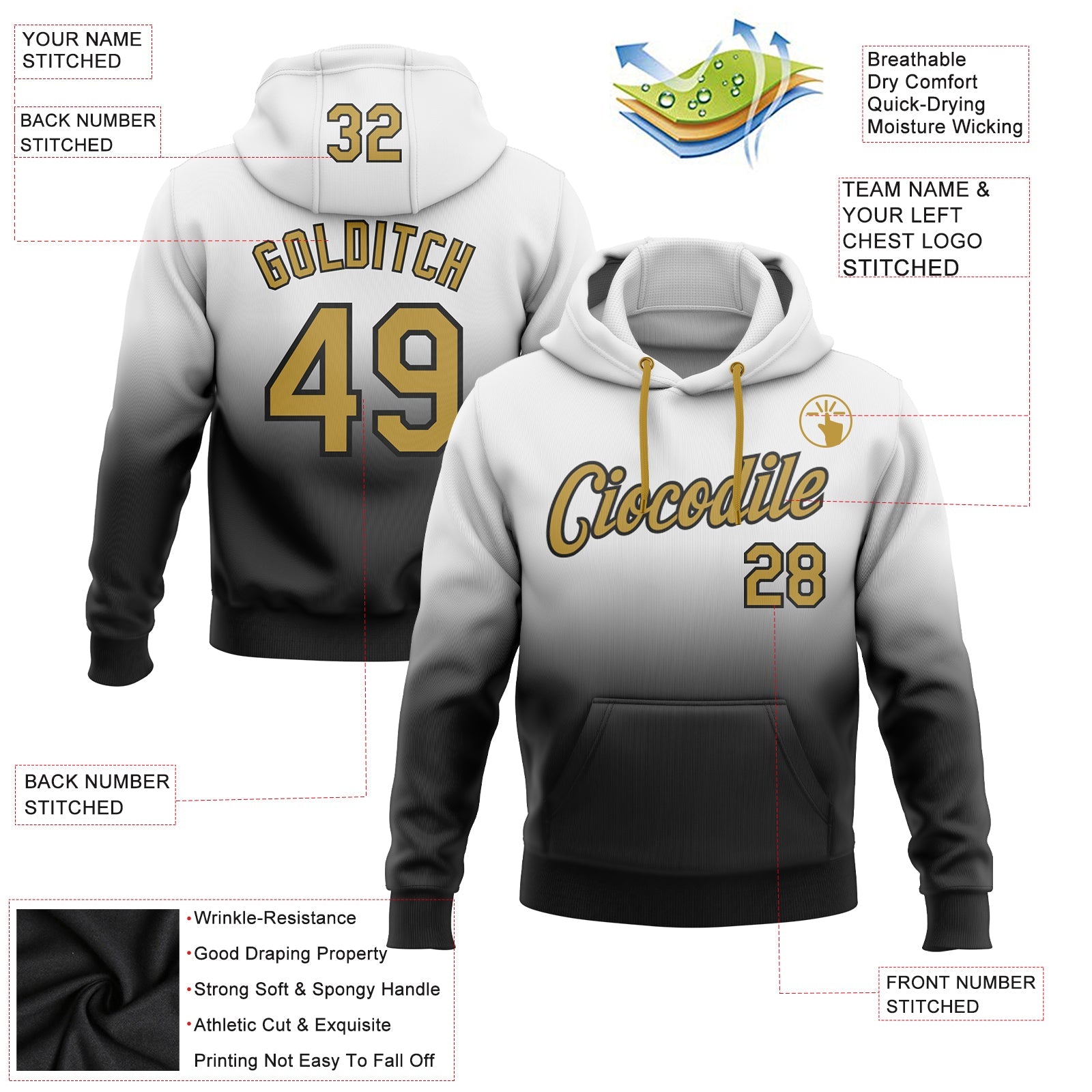 Custom White Old Gold-Black Fade Fashion Sports Pullover Sweatshirt Hoodie