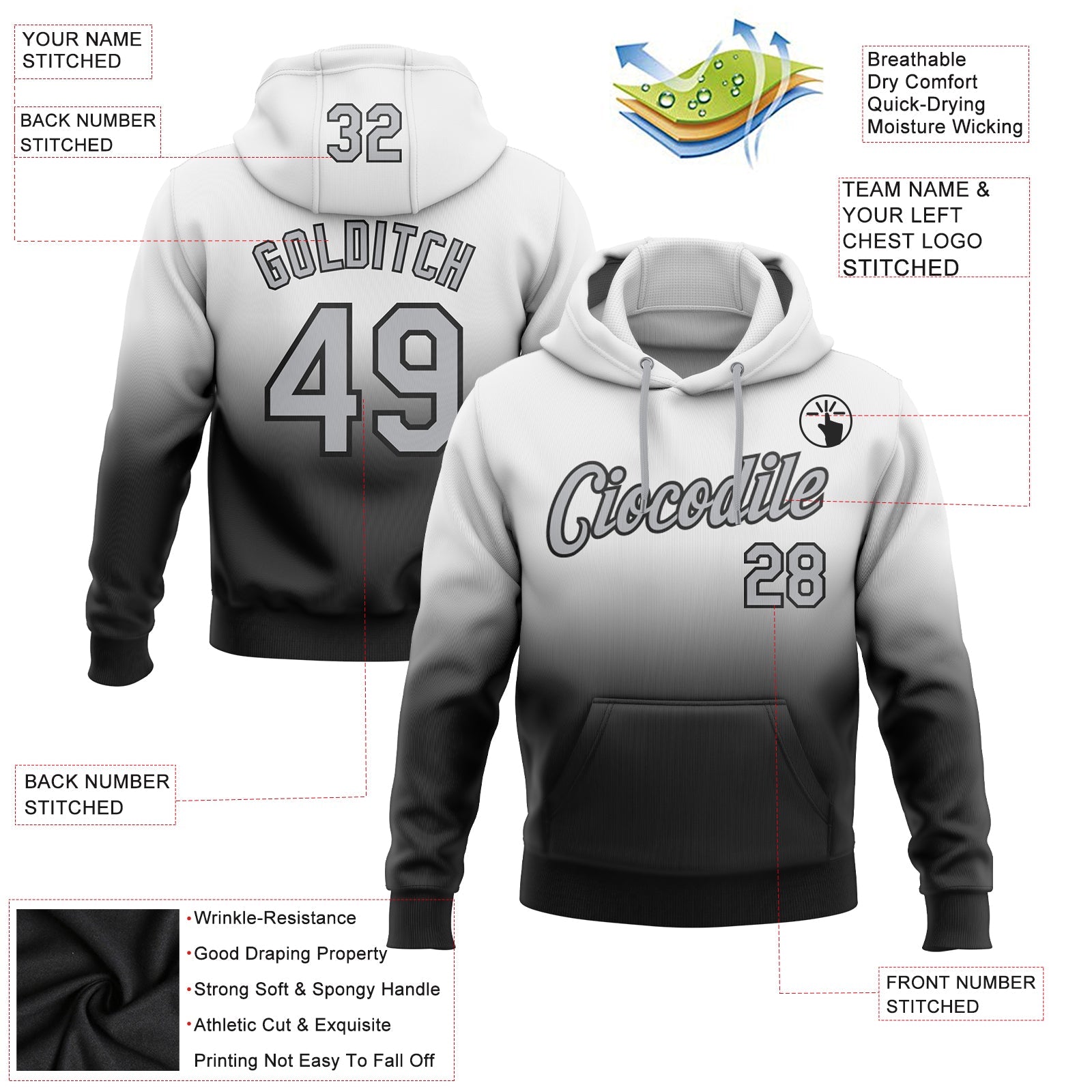 Custom White Gray-Black Fade Fashion Sports Pullover Sweatshirt Hoodie