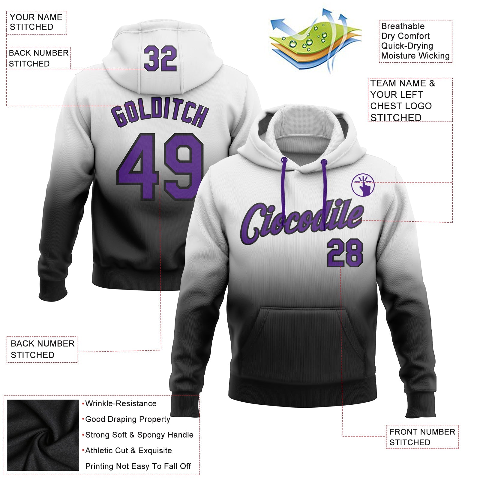 Custom White Purple-Black Fade Fashion Sports Pullover Sweatshirt Hoodie