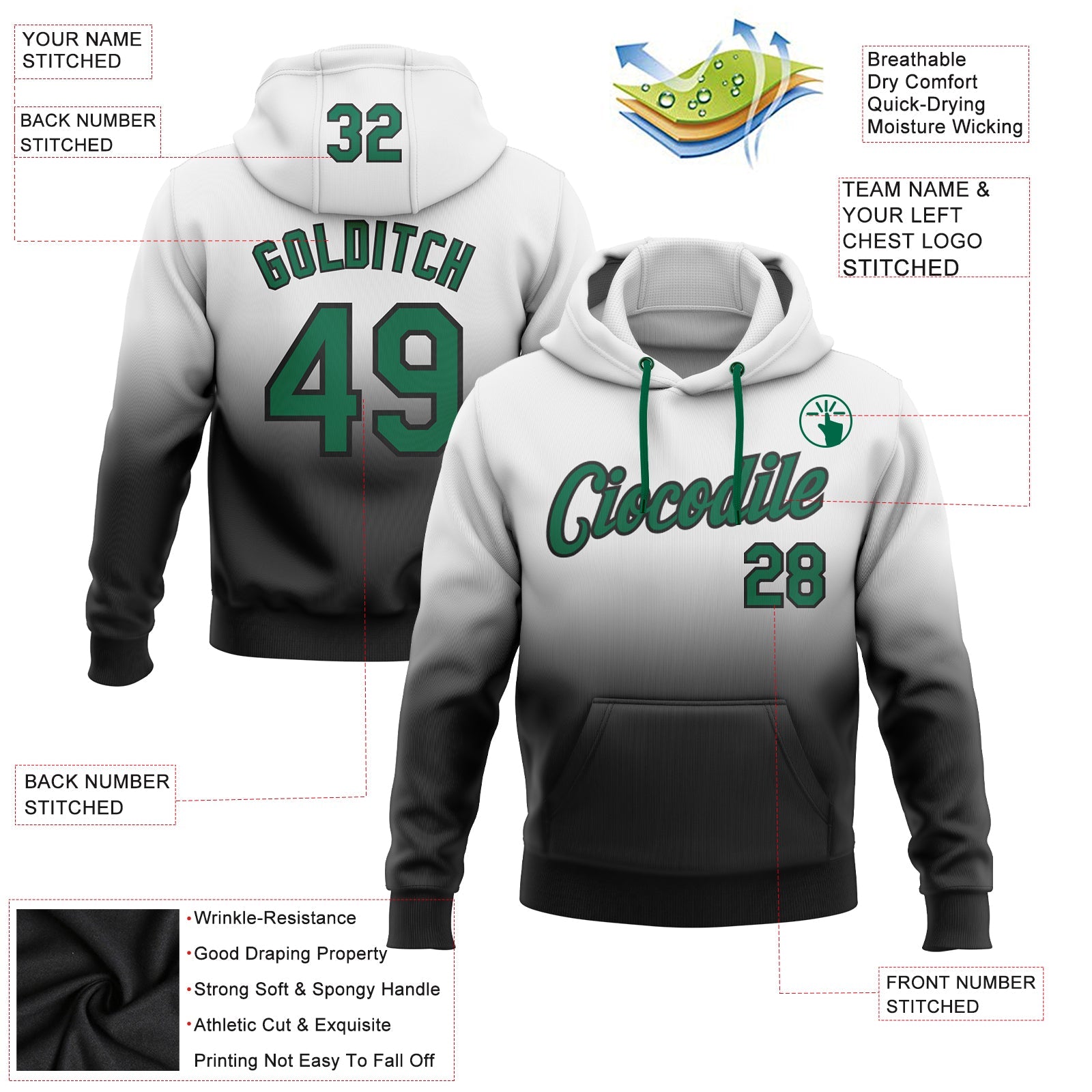 Custom White Kelly Green-Black Fade Fashion Sports Pullover Sweatshirt Hoodie