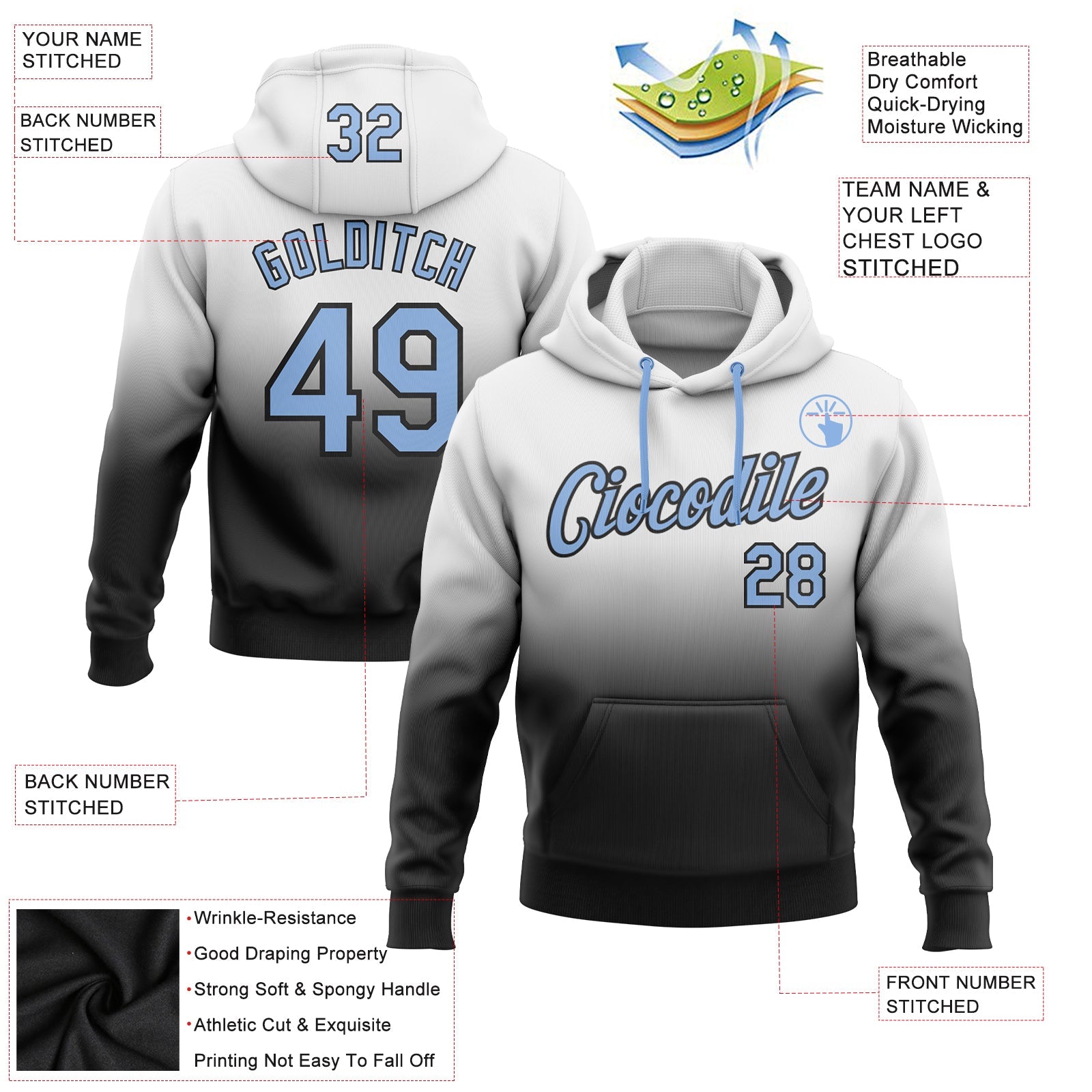 Custom White Light Blue-Black Fade Fashion Sports Pullover Sweatshirt Hoodie