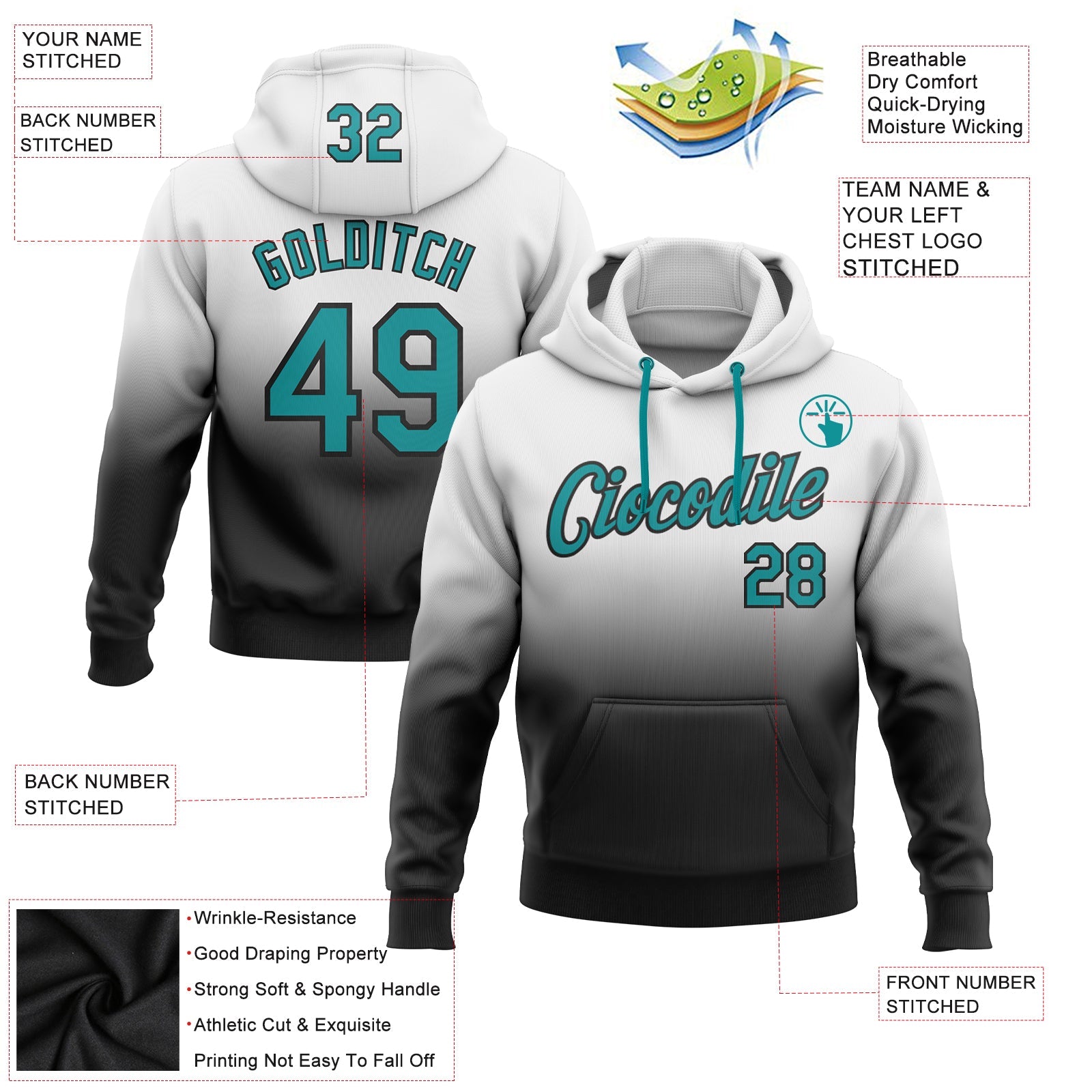 Custom White Teal-Black Fade Fashion Sports Pullover Sweatshirt Hoodie