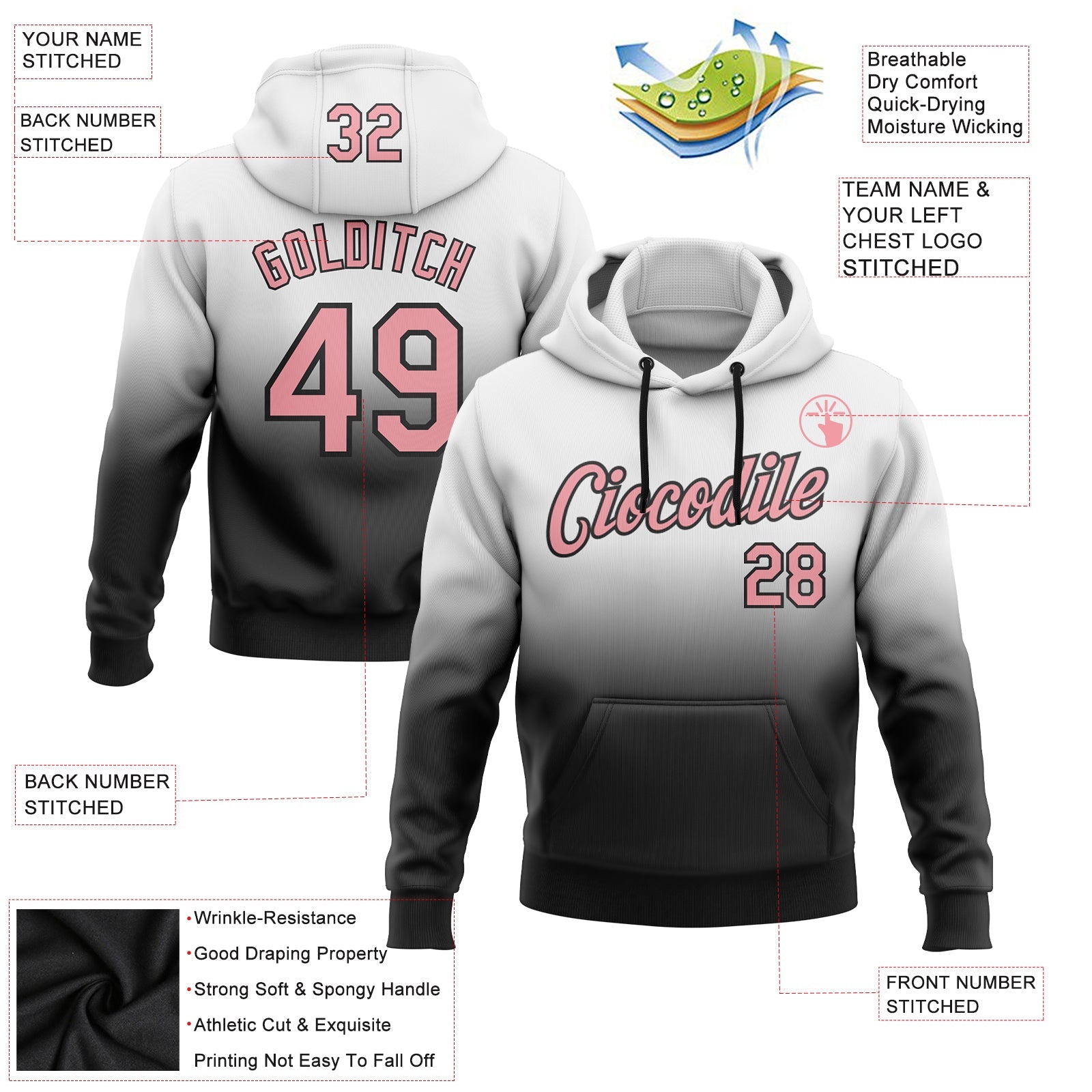 Custom White Medium Pink-Black Fade Fashion Sports Pullover Sweatshirt Hoodie