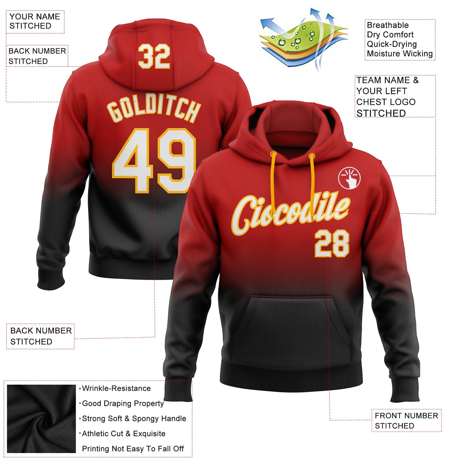 Custom Red White Black-Gold Fade Fashion Sports Pullover Sweatshirt Hoodie