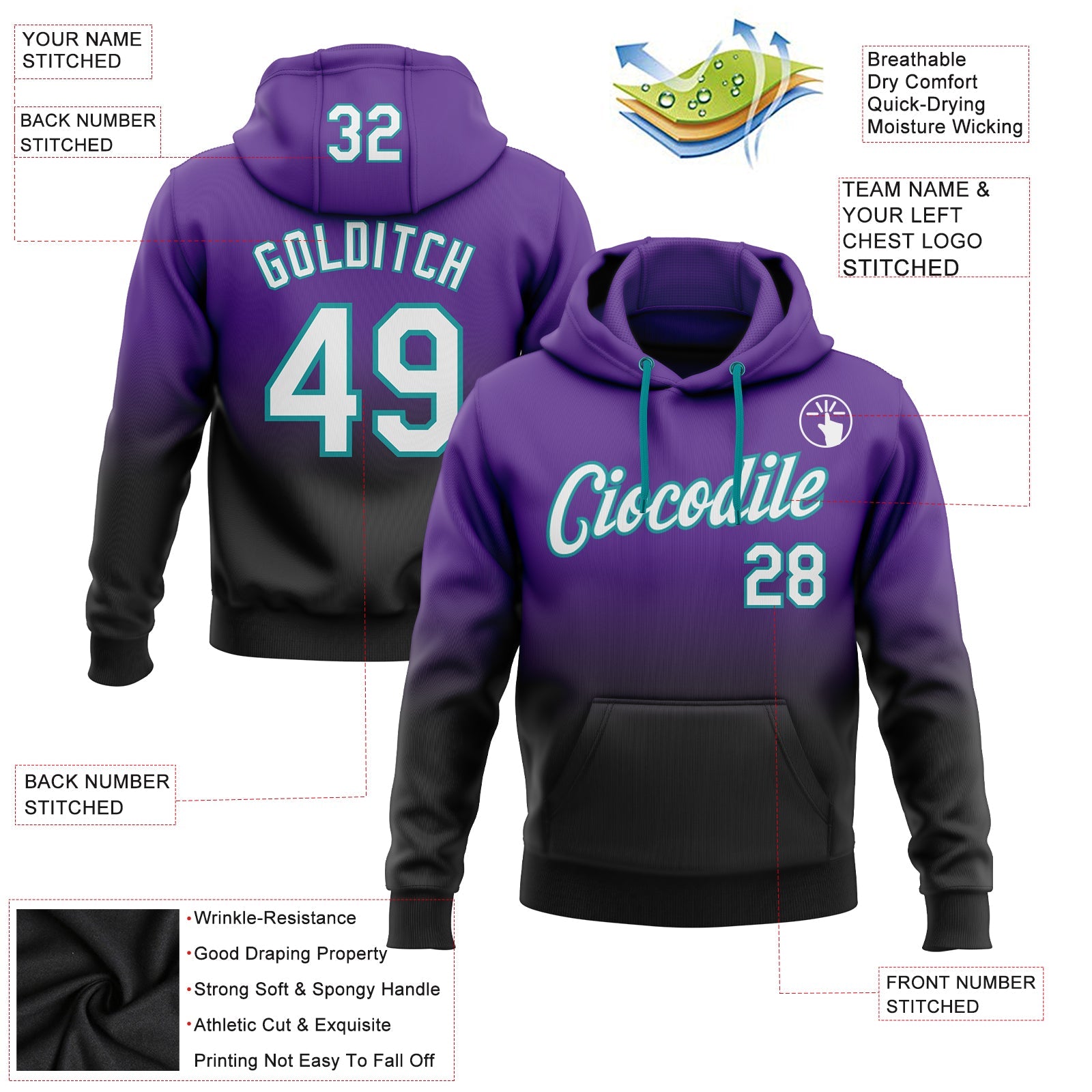 Custom Purple White Black-Teal Fade Fashion Sports Pullover Sweatshirt Hoodie