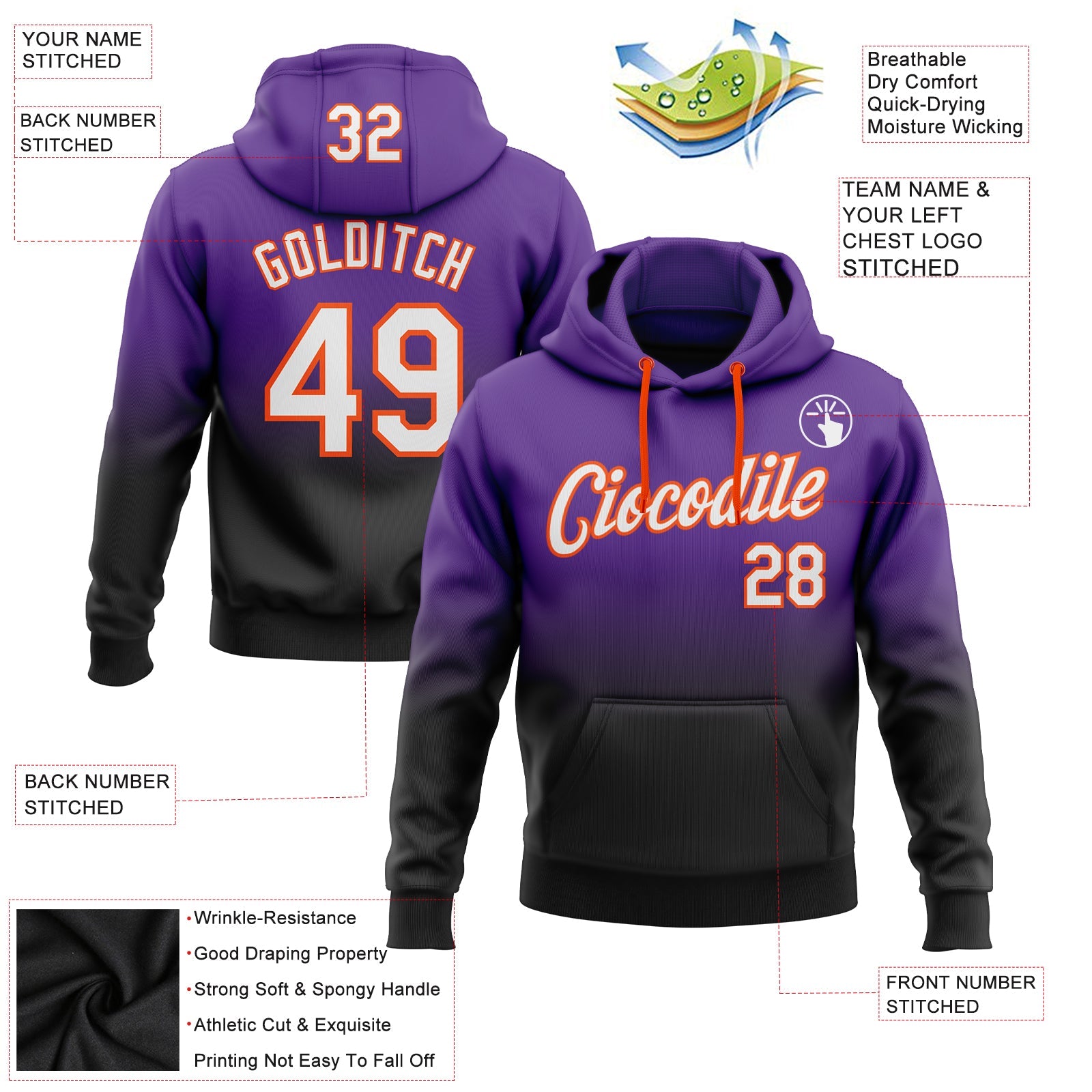 Custom Purple White Black-Orange Fade Fashion Sports Pullover Sweatshirt Hoodie
