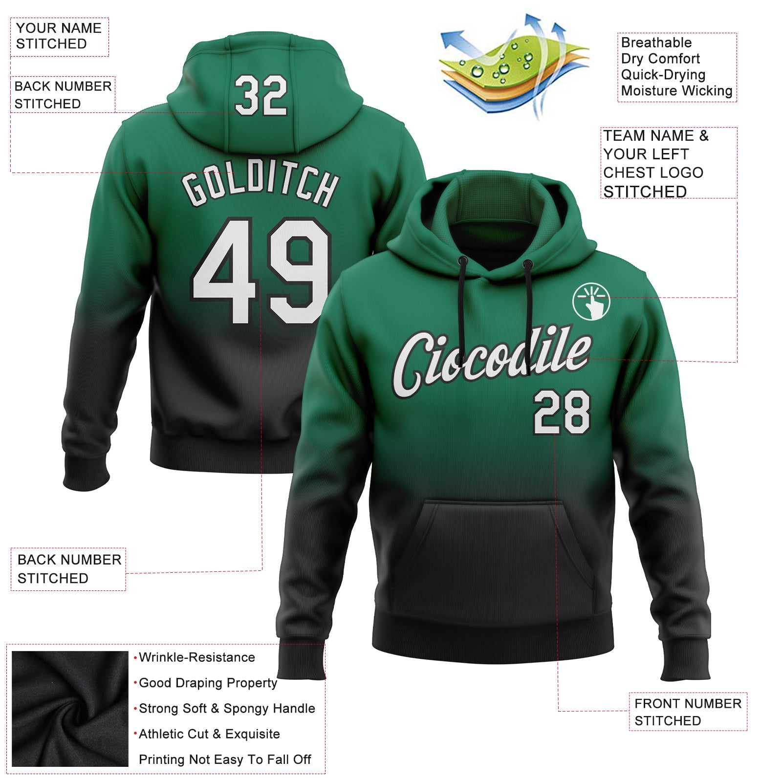 Custom Kelly Green White-Black Fade Fashion Sports Pullover Sweatshirt Hoodie