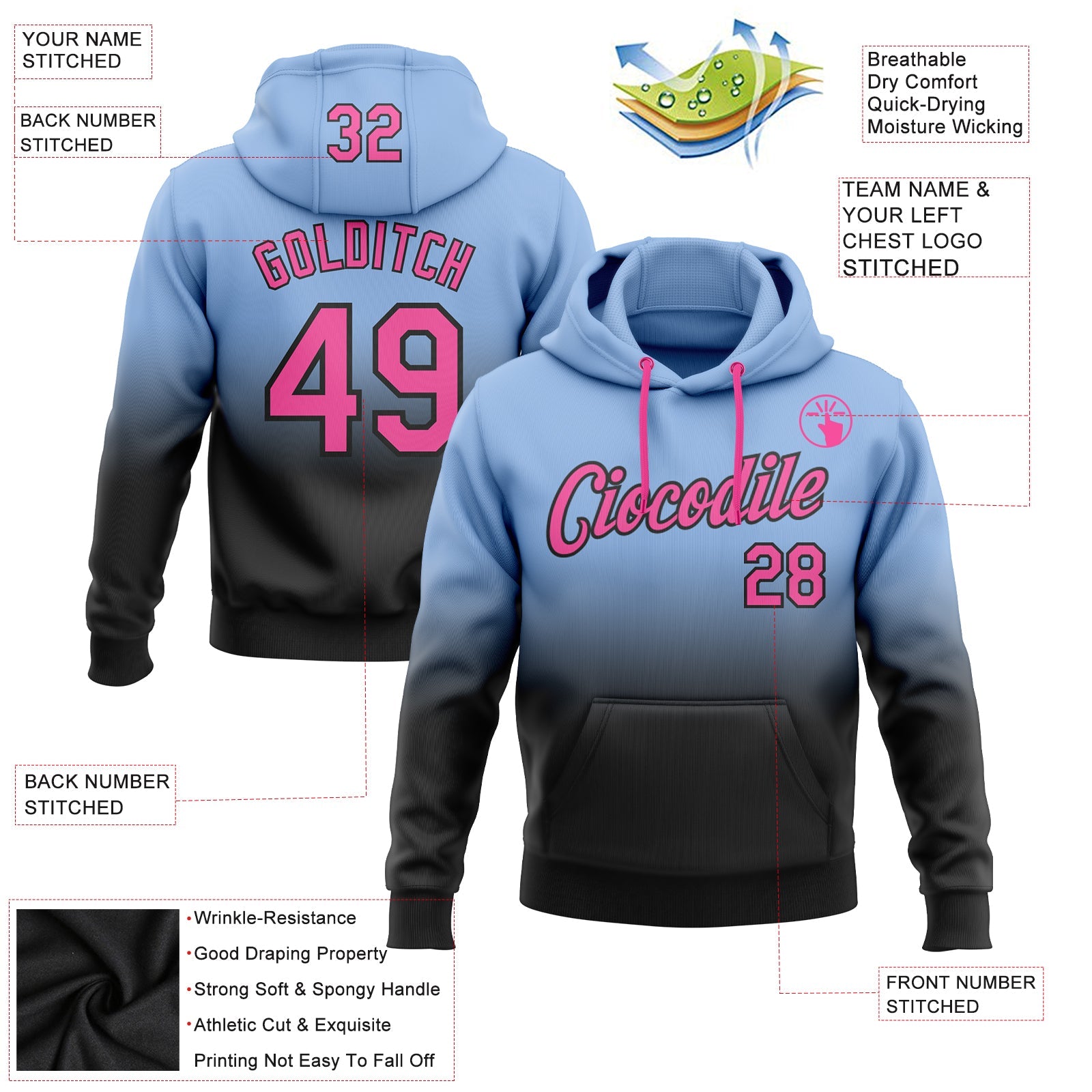 Custom Light Blue Pink-Black Fade Fashion Sports Pullover Sweatshirt Hoodie