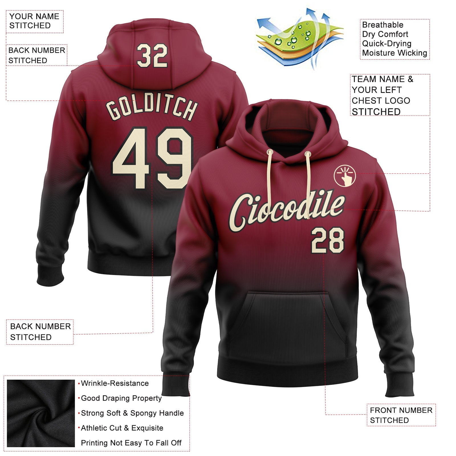 Custom Crimson Cream-Black Fade Fashion Sports Pullover Sweatshirt Hoodie