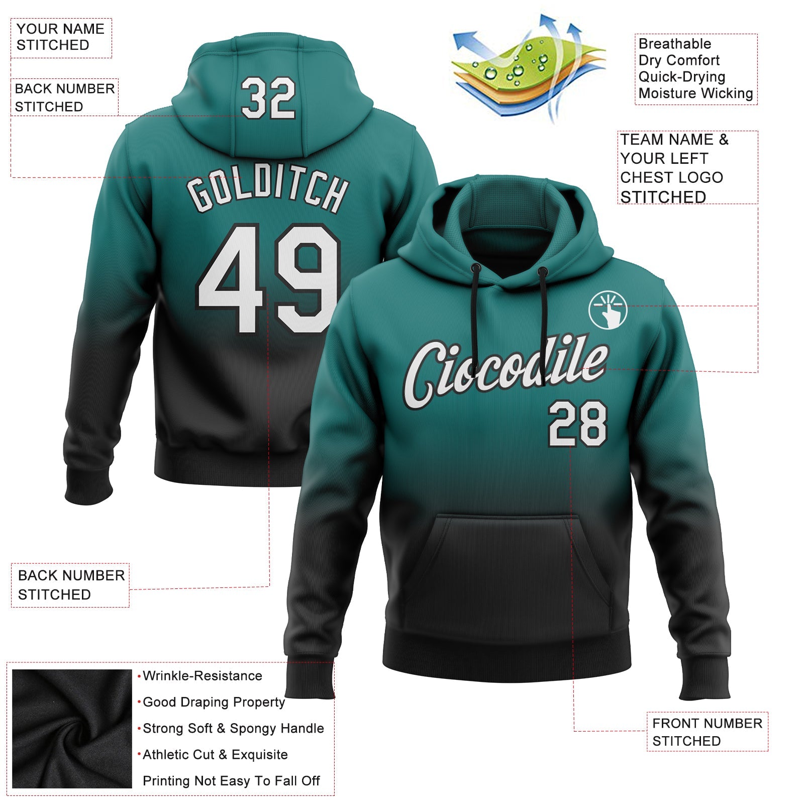 Custom Teal White-Black Fade Fashion Sports Pullover Sweatshirt Hoodie
