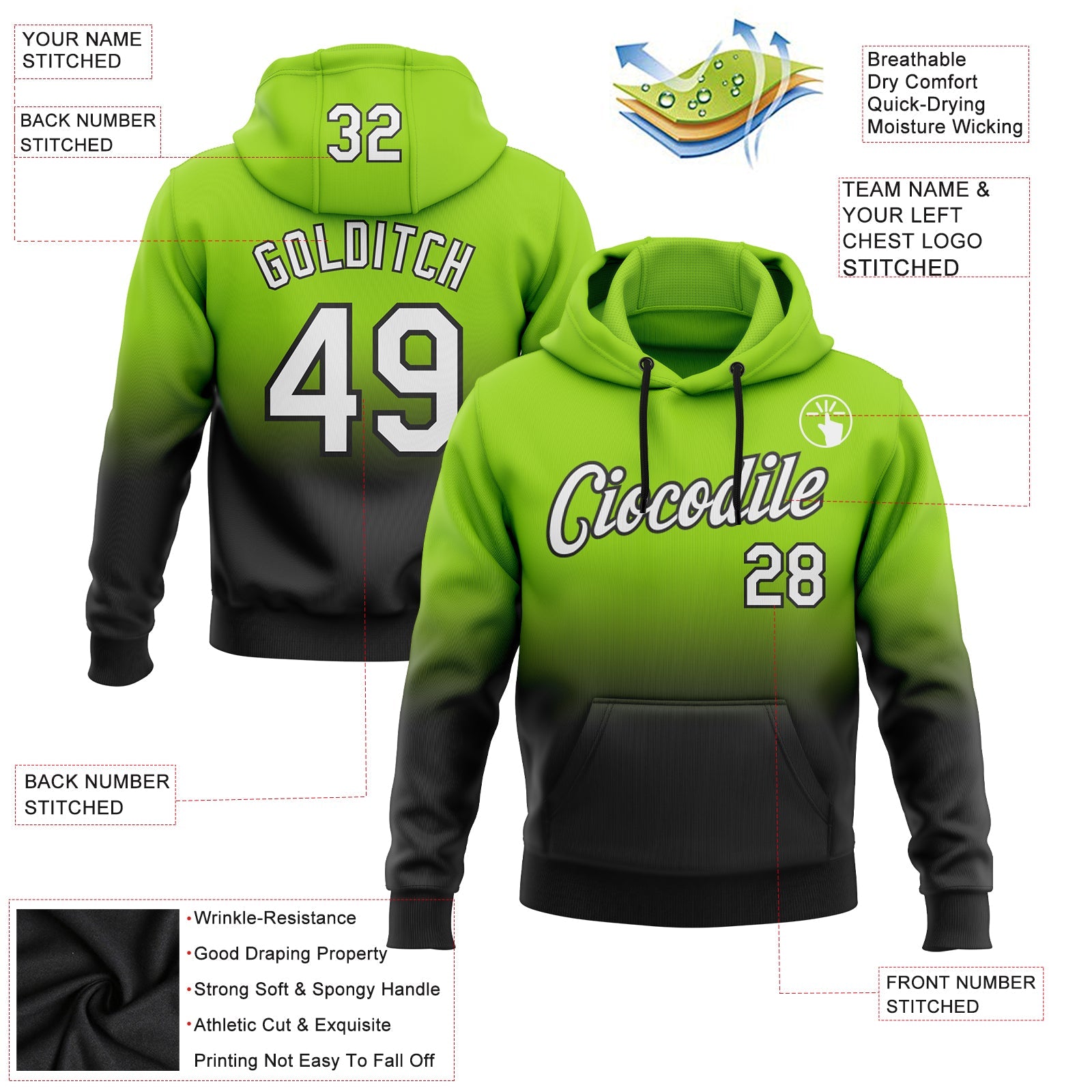 Custom Neon Green White-Black Fade Fashion Sports Pullover Sweatshirt Hoodie