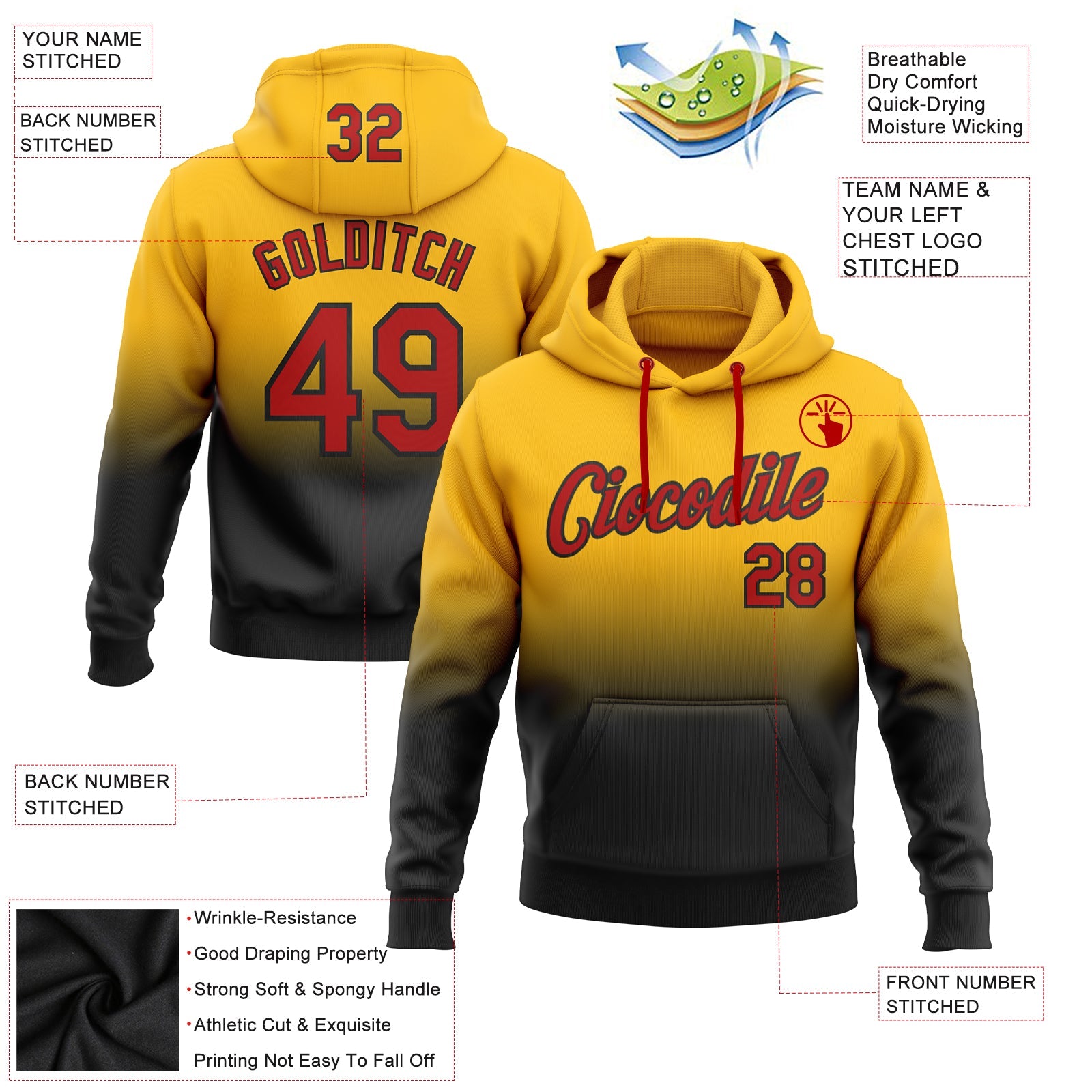 Custom Gold Red-Black Fade Fashion Sports Pullover Sweatshirt Hoodie