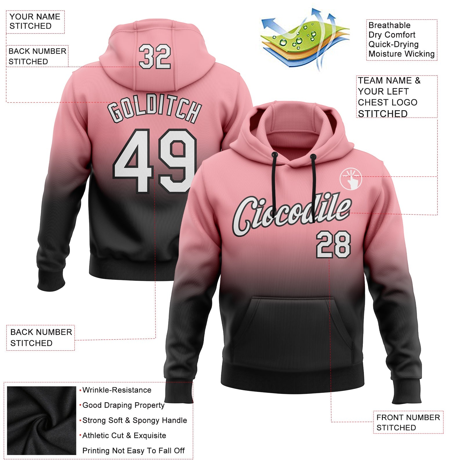 Custom Medium Pink White-Black Fade Fashion Sports Pullover Sweatshirt Hoodie