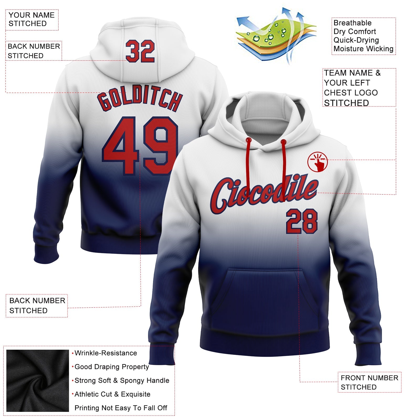 Custom White Red-Navy Fade Fashion Sports Pullover Sweatshirt Hoodie