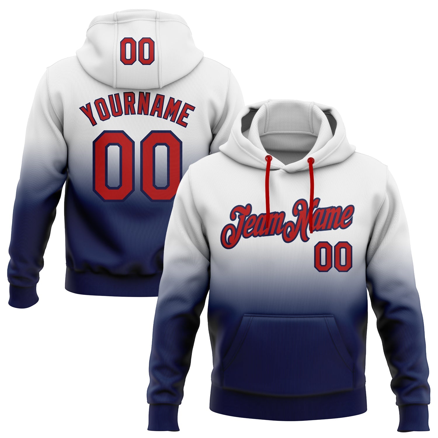 Custom White Red-Navy Fade Fashion Sports Pullover Sweatshirt Hoodie