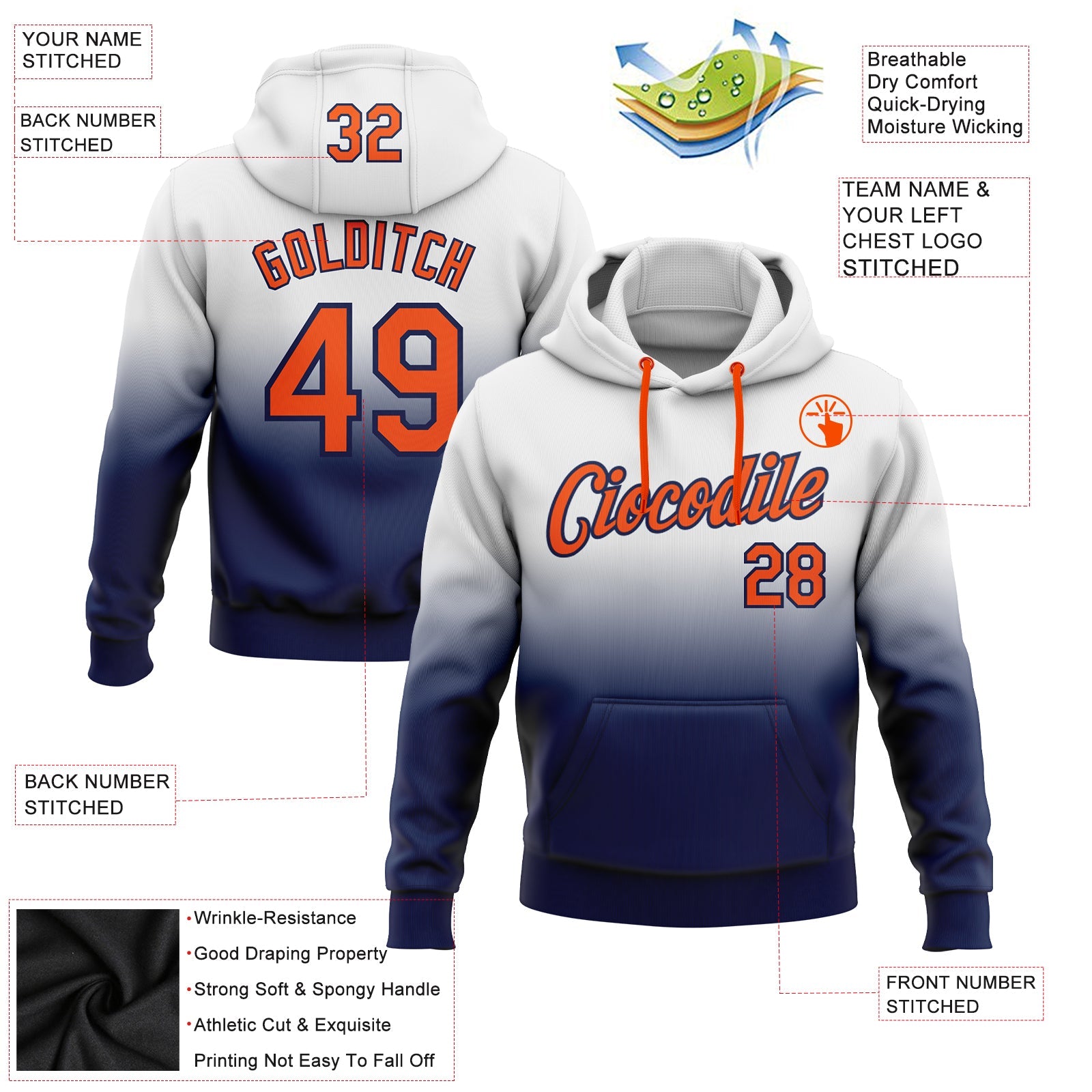 Custom White Orange-Navy Fade Fashion Sports Pullover Sweatshirt Hoodie