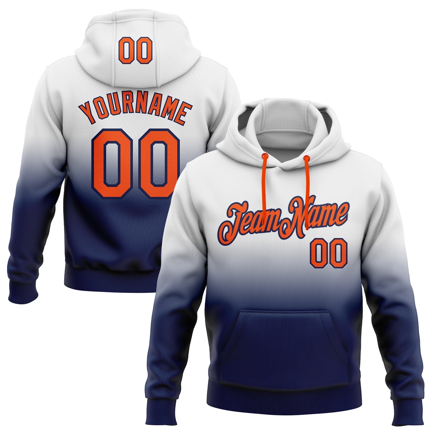 Custom White Orange-Navy Fade Fashion Sports Pullover Sweatshirt Hoodie