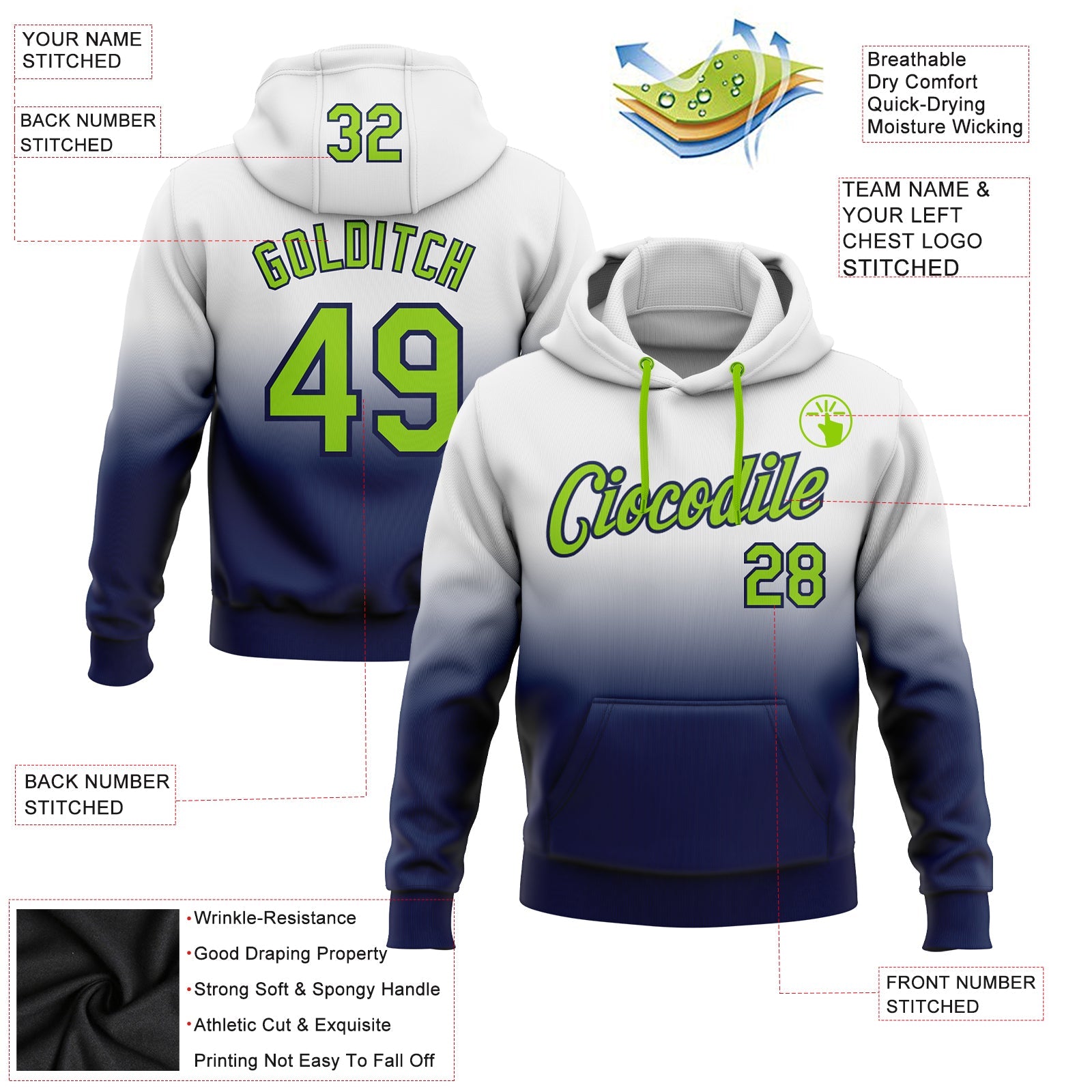 Custom White Neon Green-Navy Fade Fashion Sports Pullover Sweatshirt Hoodie
