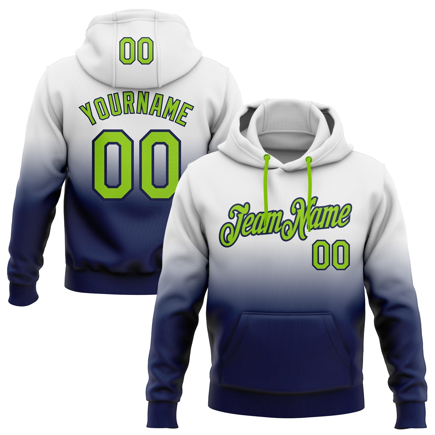 Custom White Neon Green-Navy Fade Fashion Sports Pullover Sweatshirt Hoodie