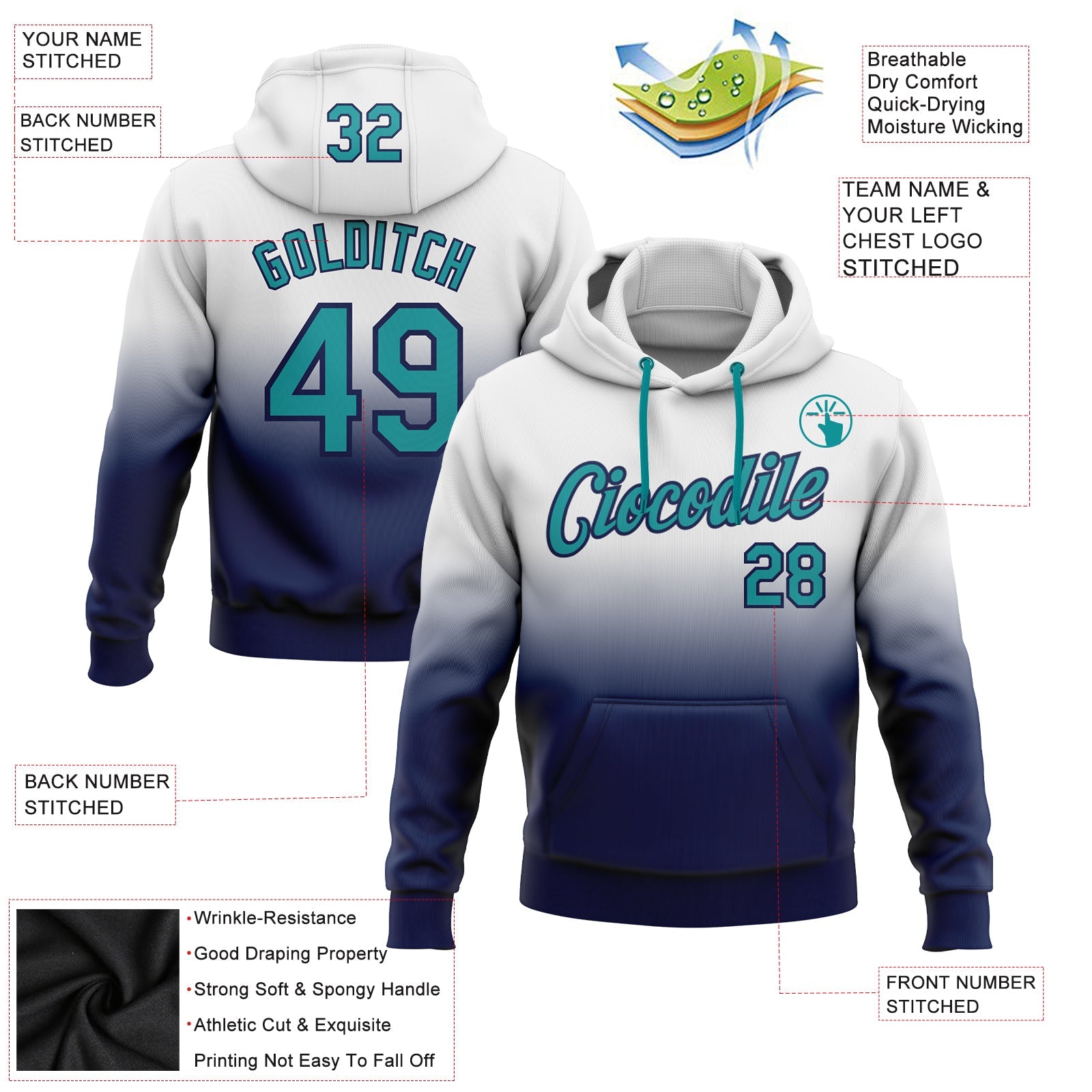 Custom White Teal-Navy Fade Fashion Sports Pullover Sweatshirt Hoodie