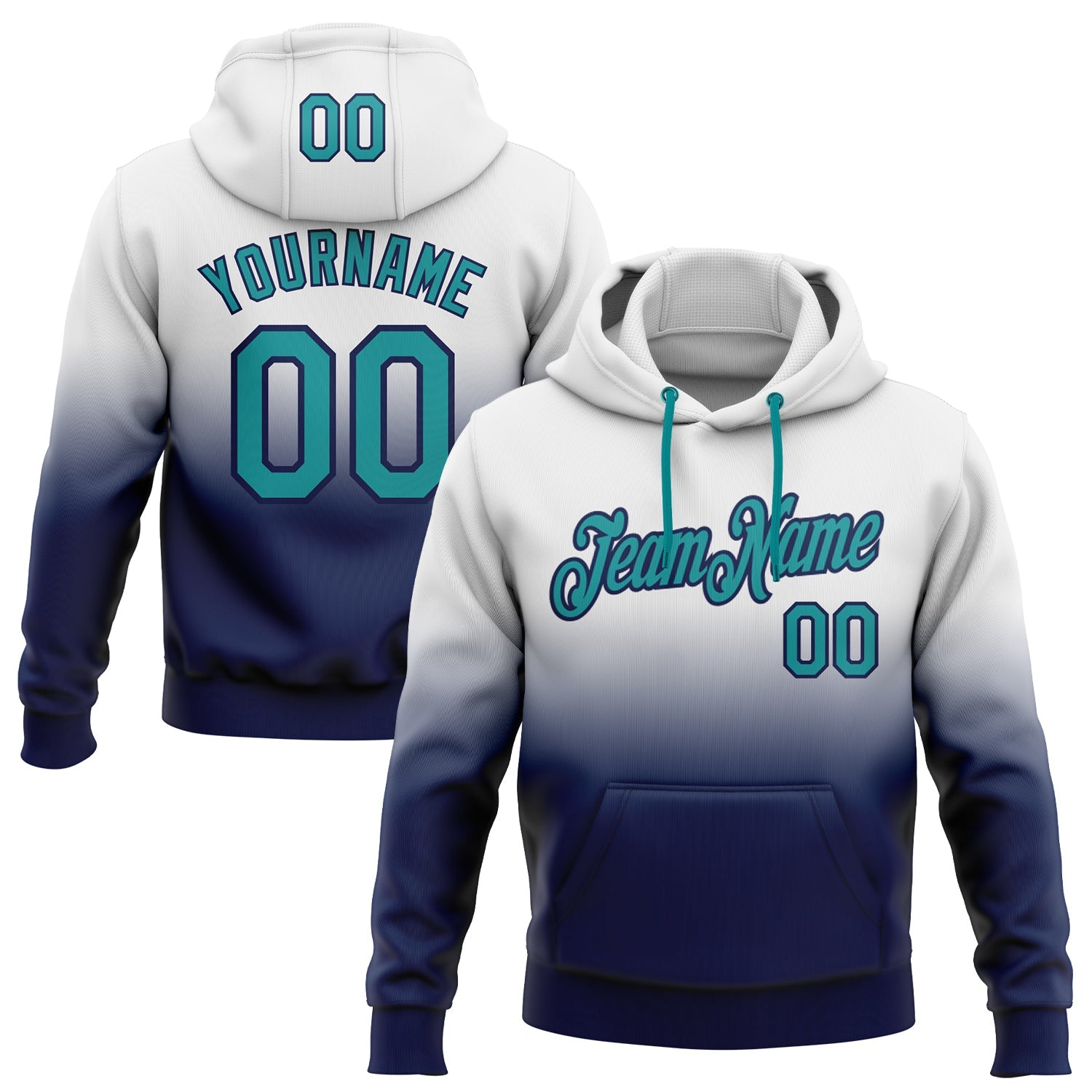 Custom White Teal-Navy Fade Fashion Sports Pullover Sweatshirt Hoodie