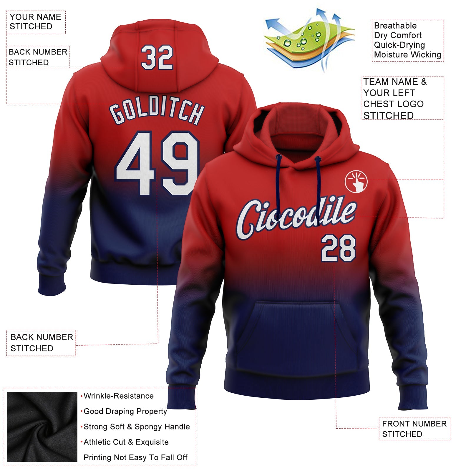 Custom Red White-Navy Fade Fashion Sports Pullover Sweatshirt Hoodie