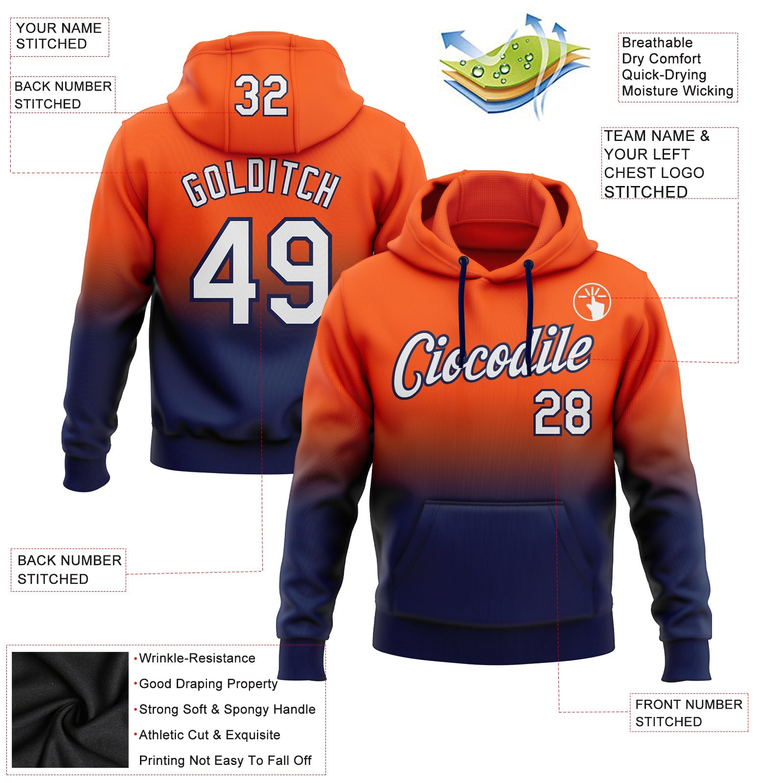 Custom Orange White-Navy Fade Fashion Sports Pullover Sweatshirt Hoodie