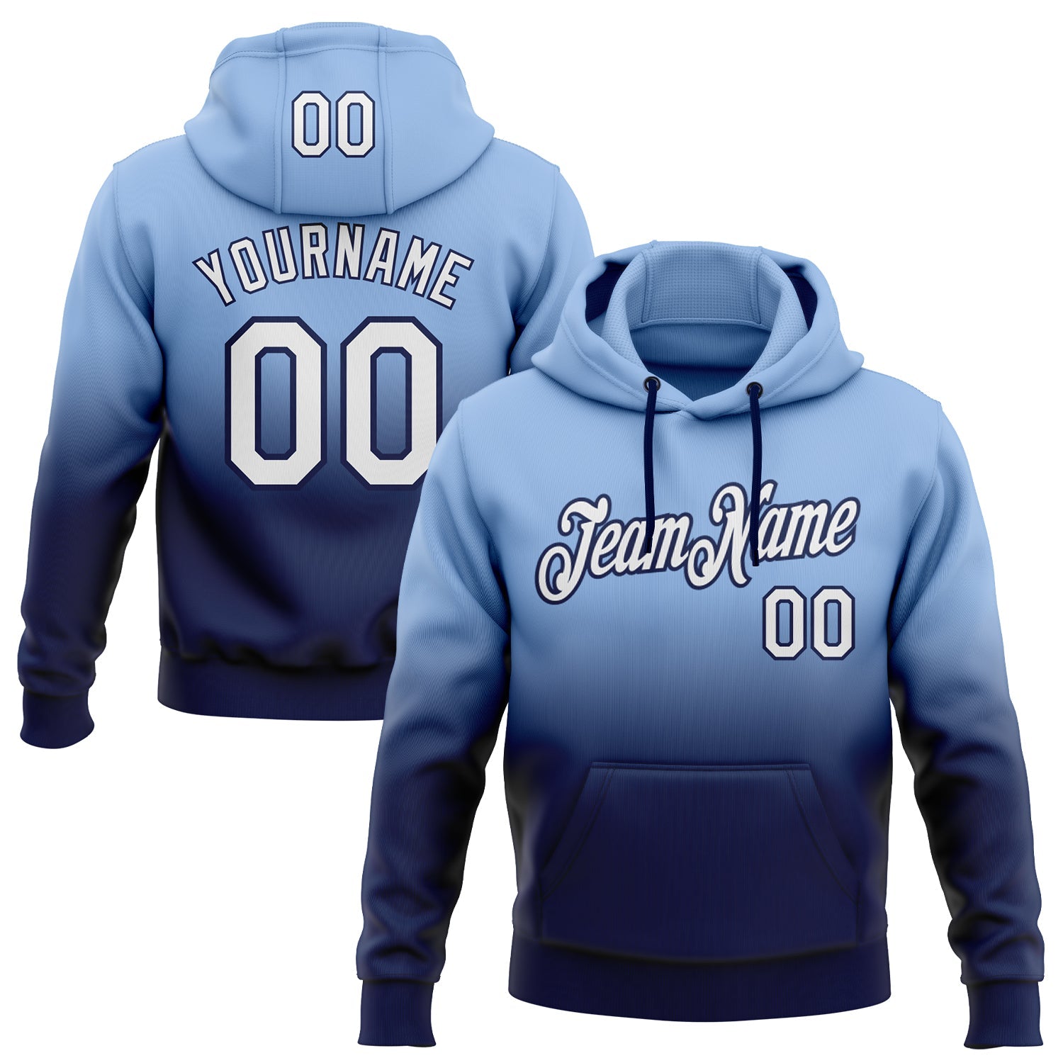 Custom Light Blue White-Navy Fade Fashion Sports Pullover Sweatshirt Hoodie