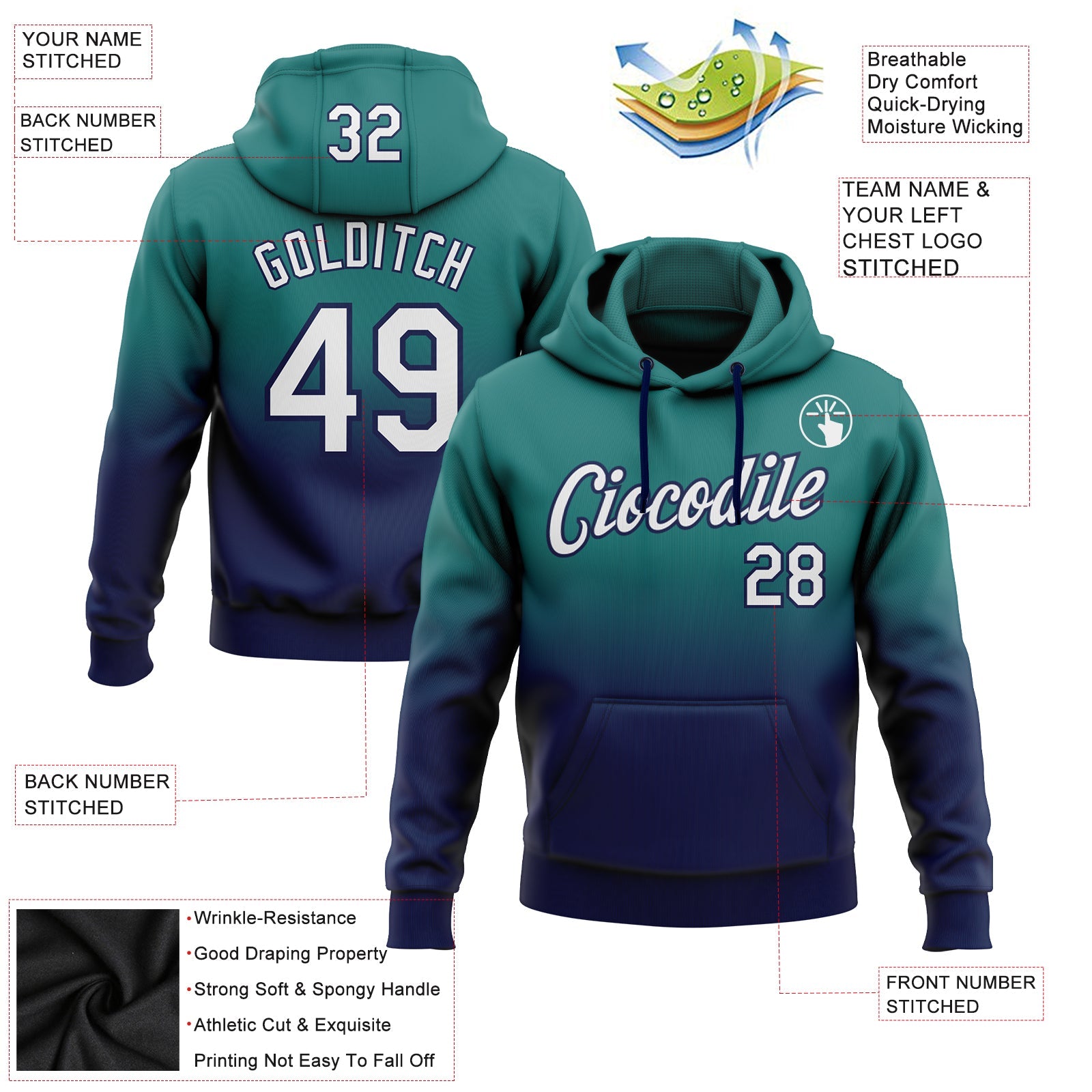 Custom Teal White-Navy Fade Fashion Sports Pullover Sweatshirt Hoodie