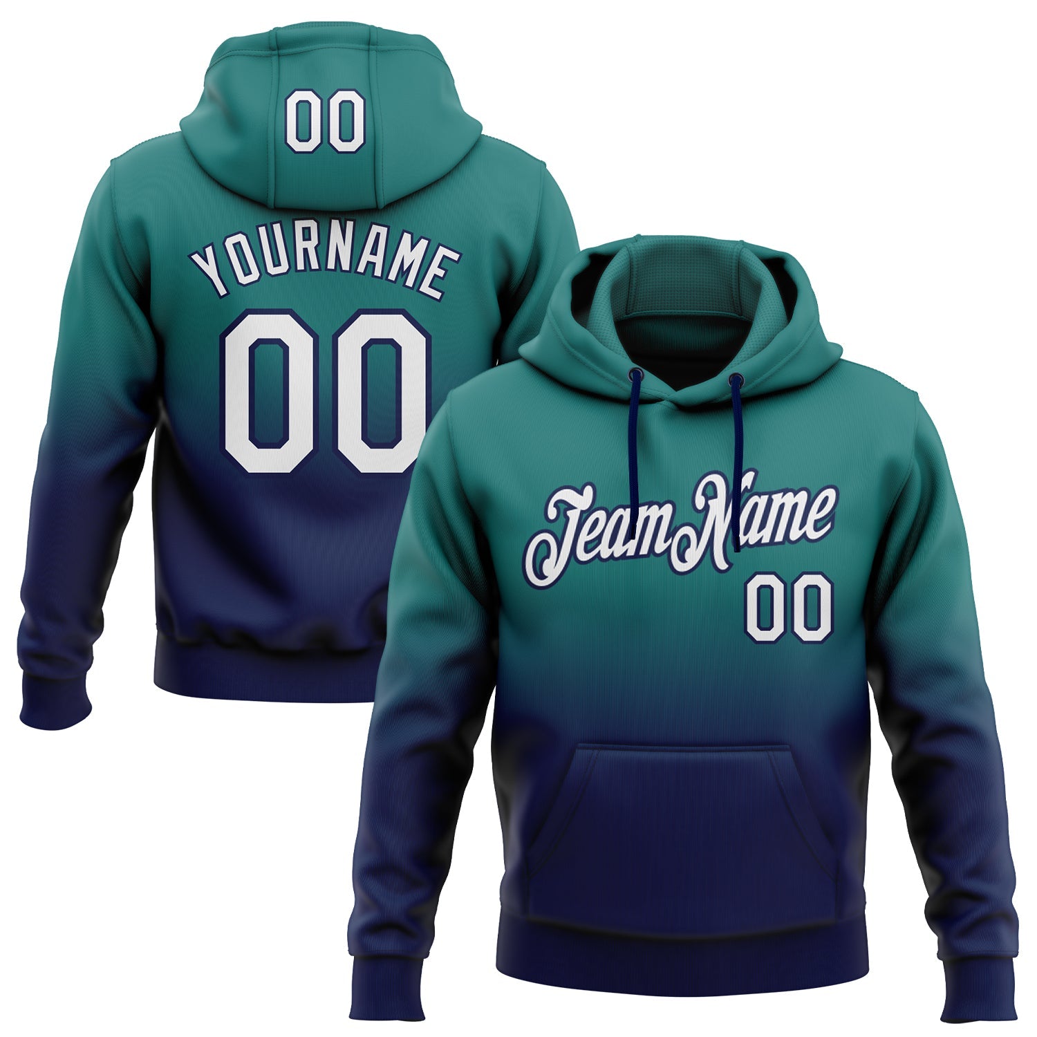 Custom Teal White-Navy Fade Fashion Sports Pullover Sweatshirt Hoodie