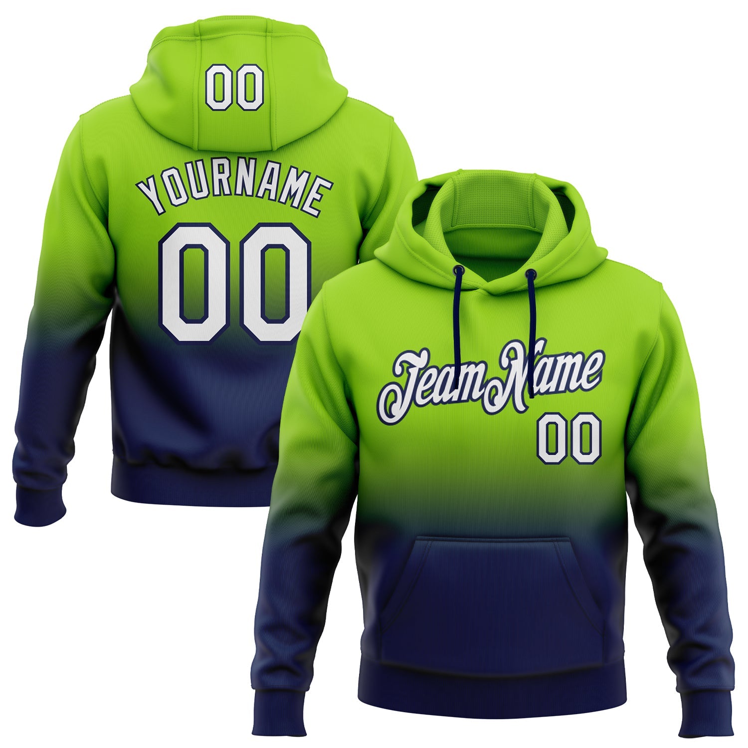 Custom Neon Green White-Navy Fade Fashion Sports Pullover Sweatshirt Hoodie
