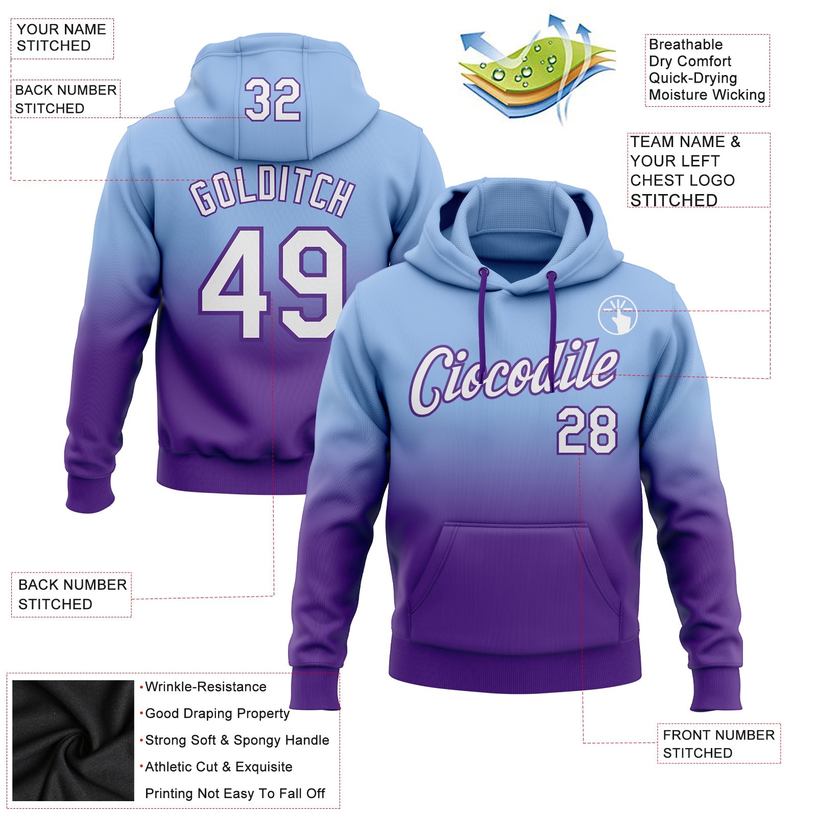Custom Light Blue White-Purple Fade Fashion Sports Pullover Sweatshirt Hoodie