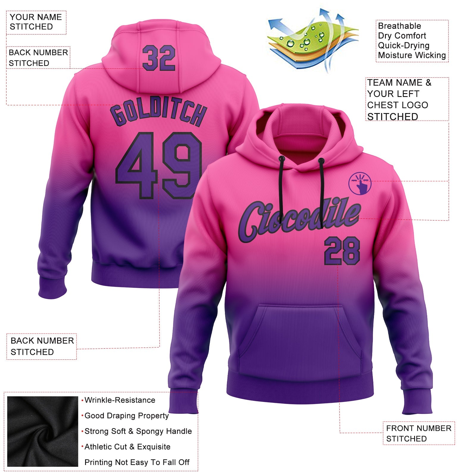 Custom Pink Purple-Black Fade Fashion Sports Pullover Sweatshirt Hoodie