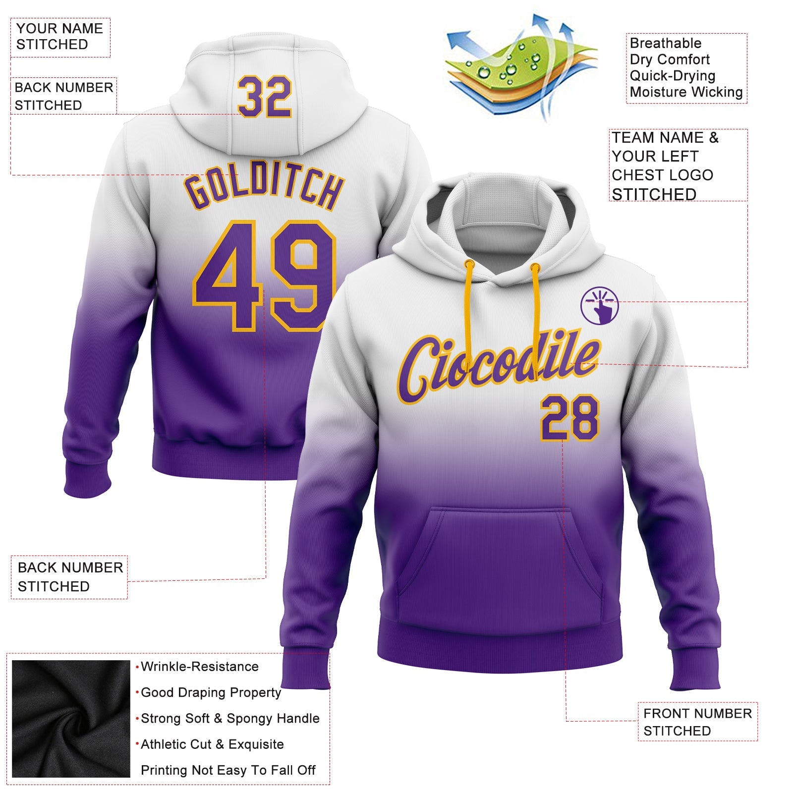 Custom White Purple-Gold Fade Fashion Sports Pullover Sweatshirt Hoodie