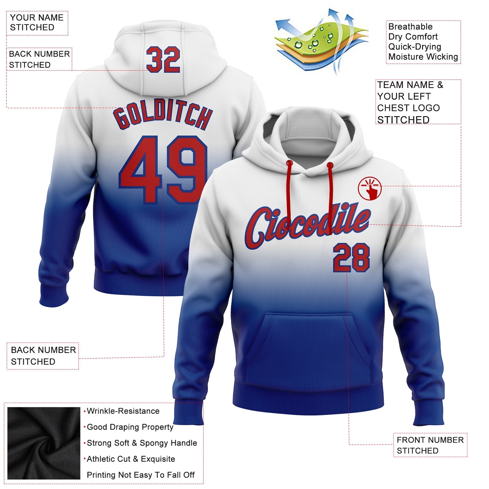 Custom White Red-Royal Fade Fashion Sports Pullover Sweatshirt Hoodie