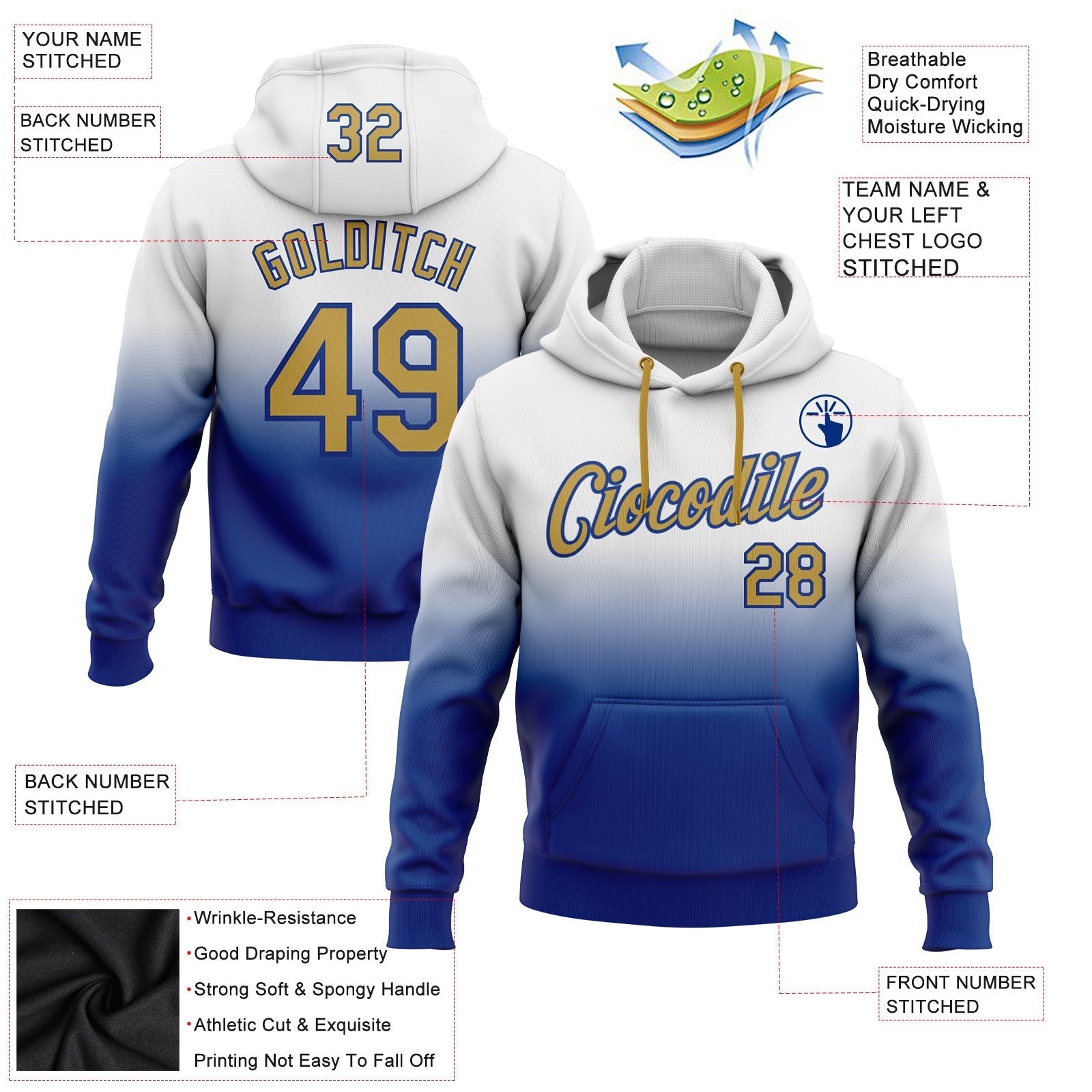 Custom White Old Gold-Royal Fade Fashion Sports Pullover Sweatshirt Hoodie
