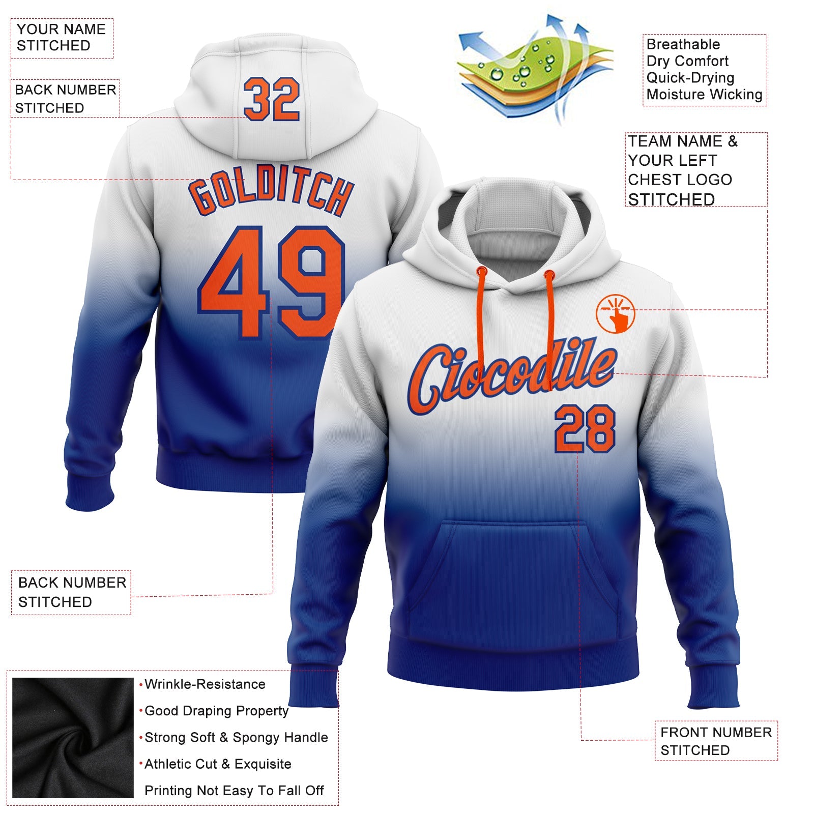 Custom White Orange-Royal Fade Fashion Sports Pullover Sweatshirt Hoodie