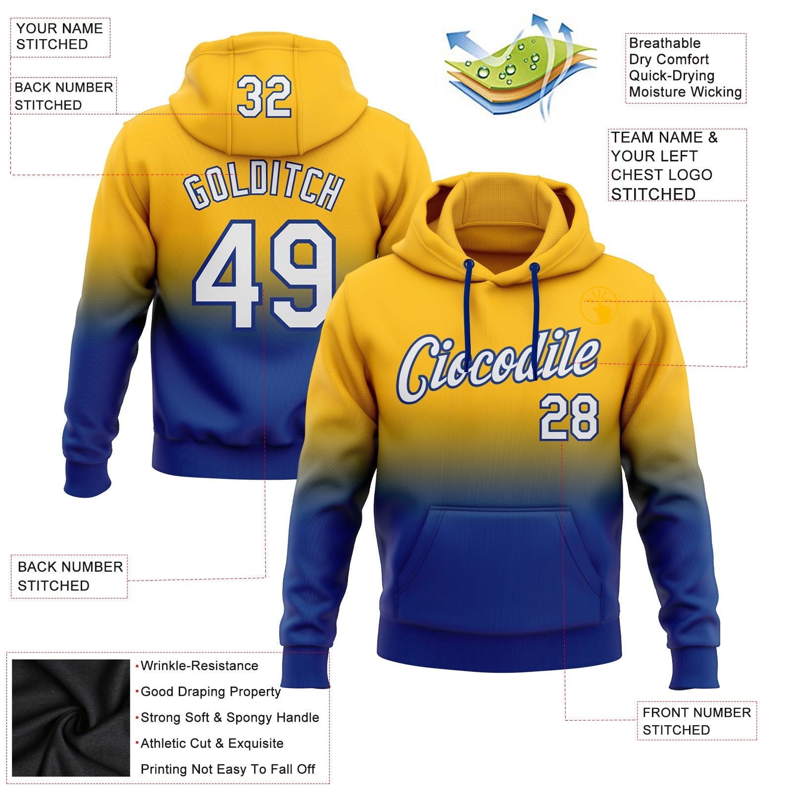 Custom Gold White-Royal Fade Fashion Sports Pullover Sweatshirt Hoodie