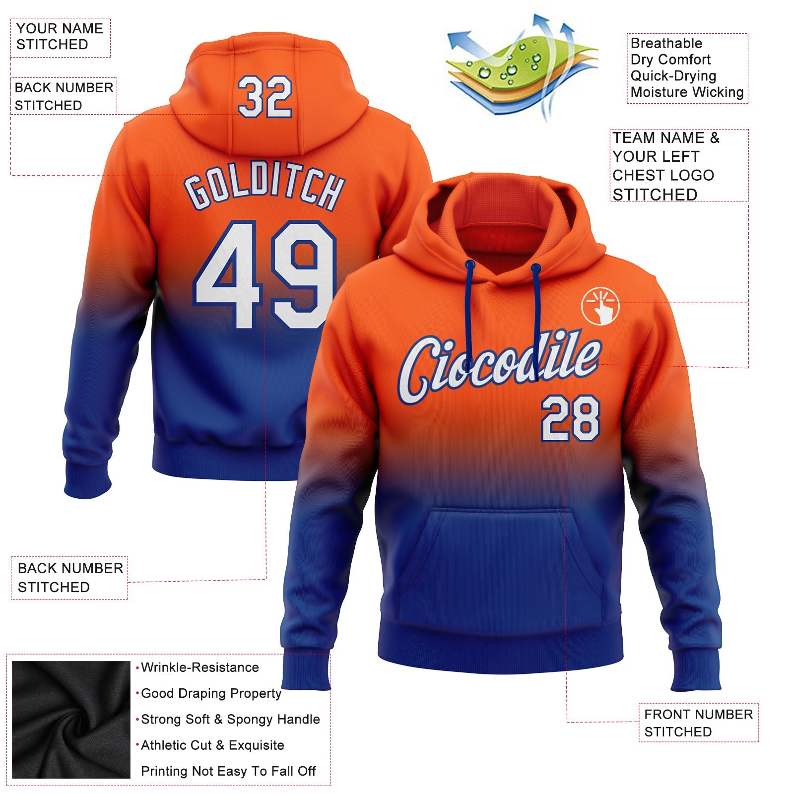 Custom Orange White-Royal Fade Fashion Sports Pullover Sweatshirt Hoodie