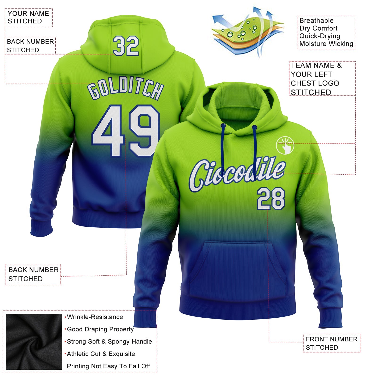 Custom Neon Green White-Royal Fade Fashion Sports Pullover Sweatshirt Hoodie