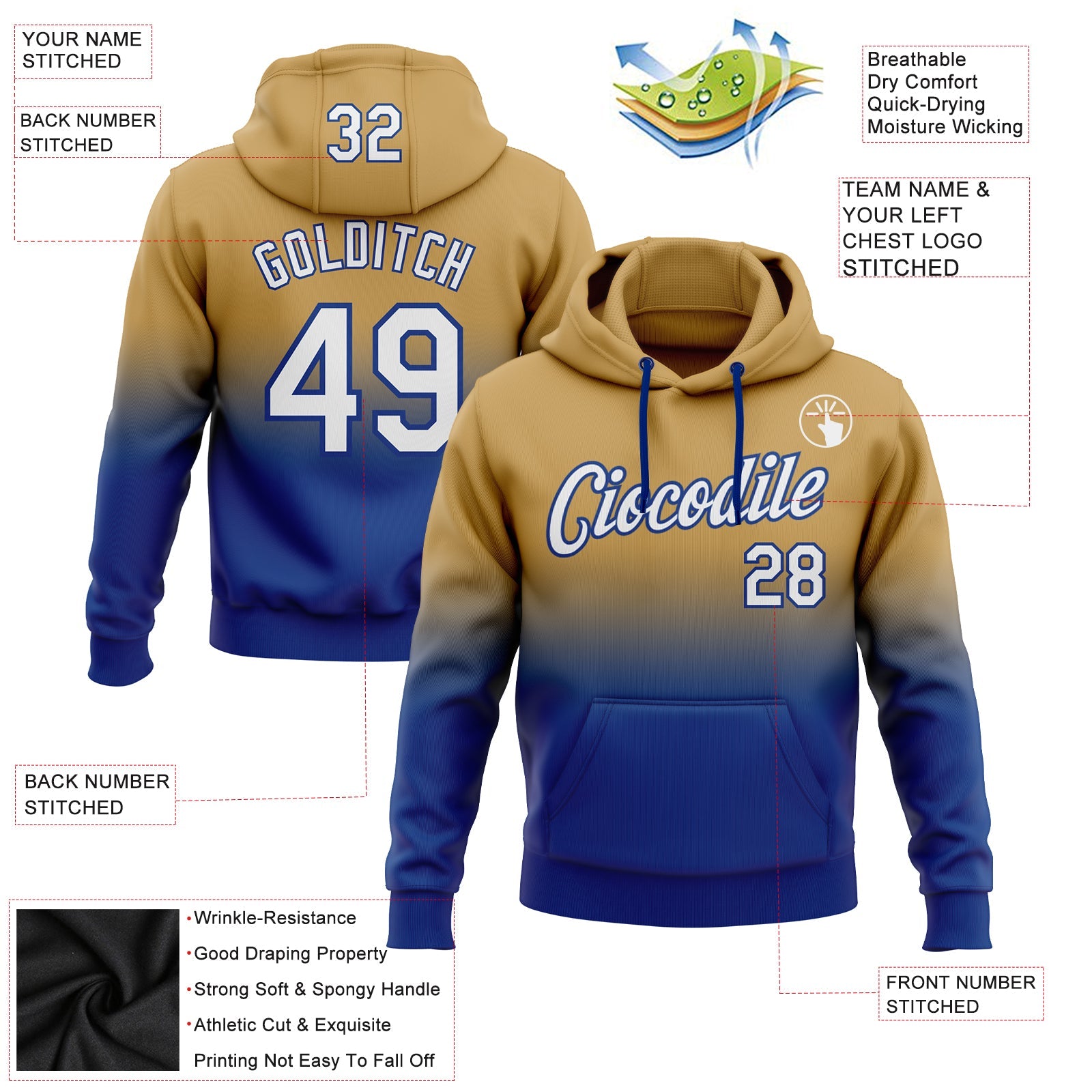 Custom Old Gold White-Royal Fade Fashion Sports Pullover Sweatshirt Hoodie