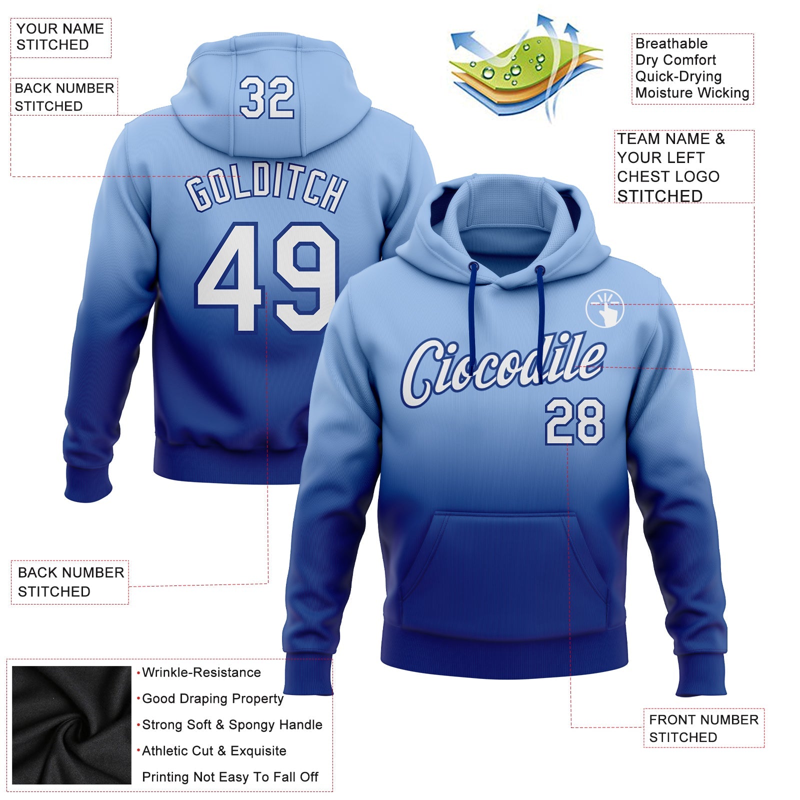 Custom Light Blue White-Royal Fade Fashion Sports Pullover Sweatshirt Hoodie